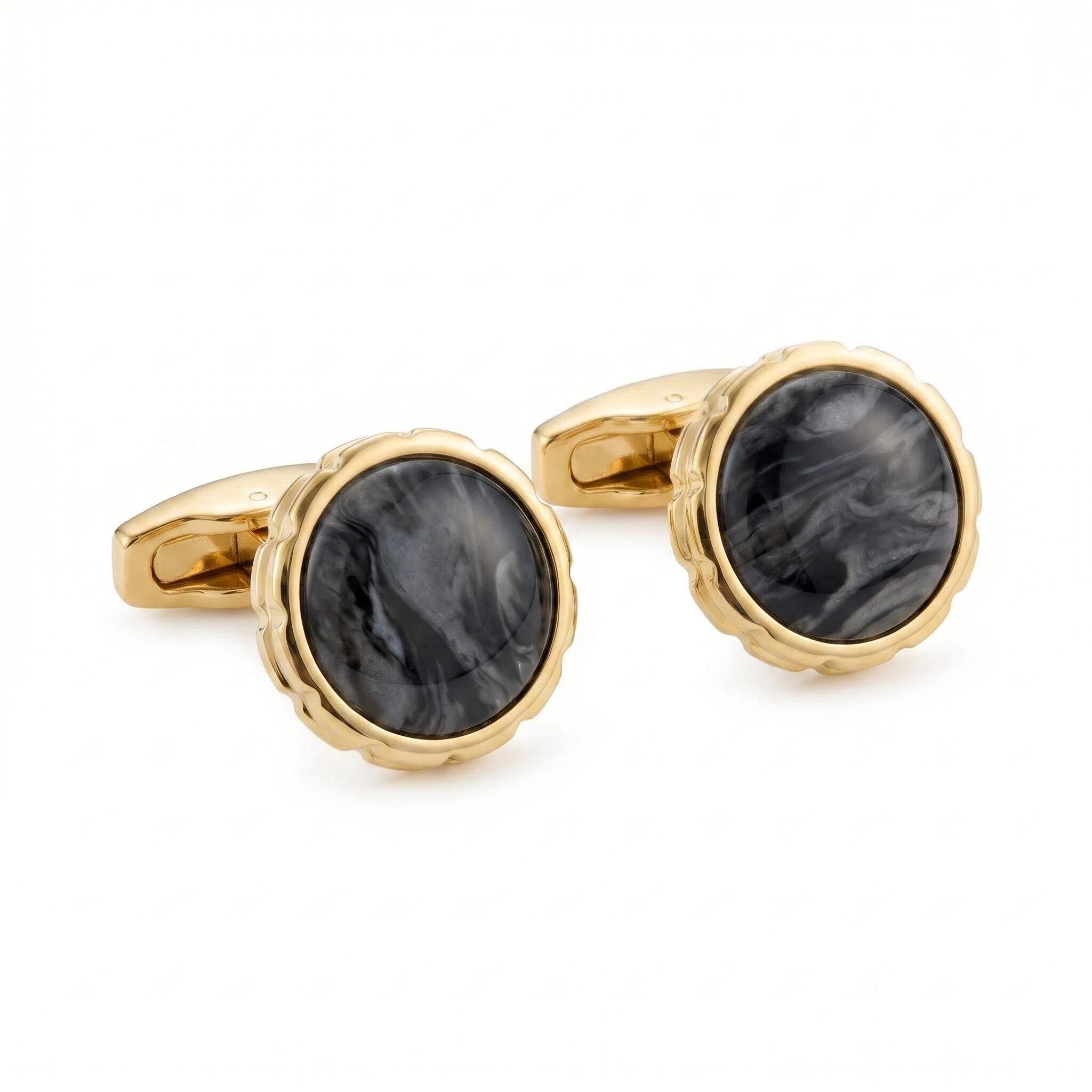 Plated Gold Black and Grey Round Cufflinks for Men, Groomsmen Wedding Gift
