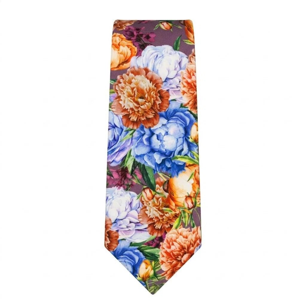 Vintage Mauve Floral Cotton Necktie: Orange and blue Wedding Tie