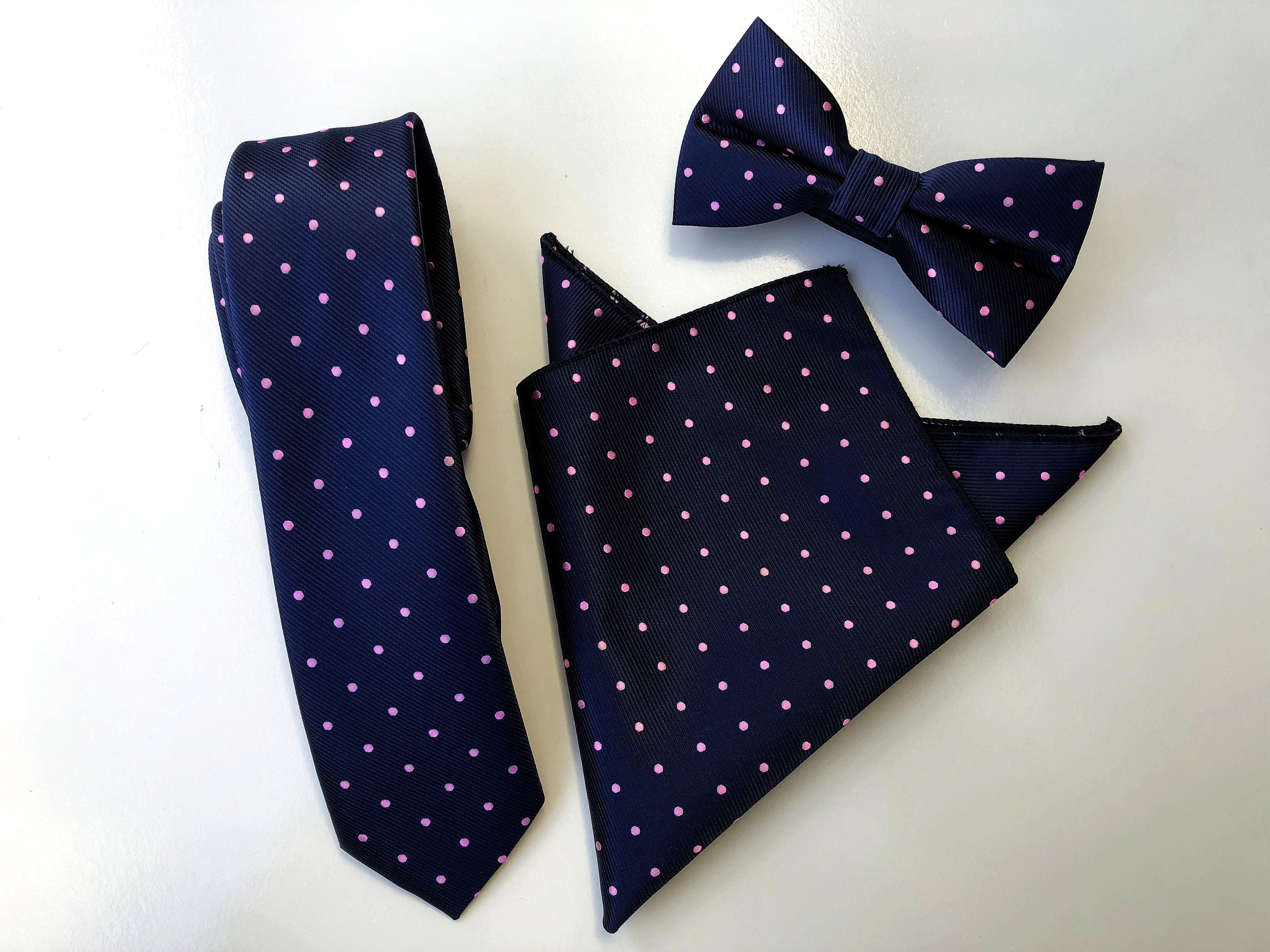 Navy Blue Pink Polka Dots Skinny Tie