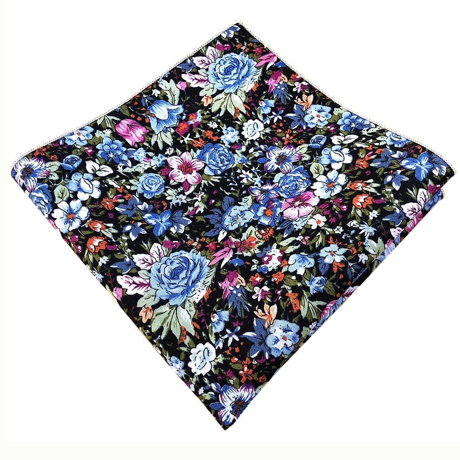 Blue Pink Floral on Black Cotton Pocket Square