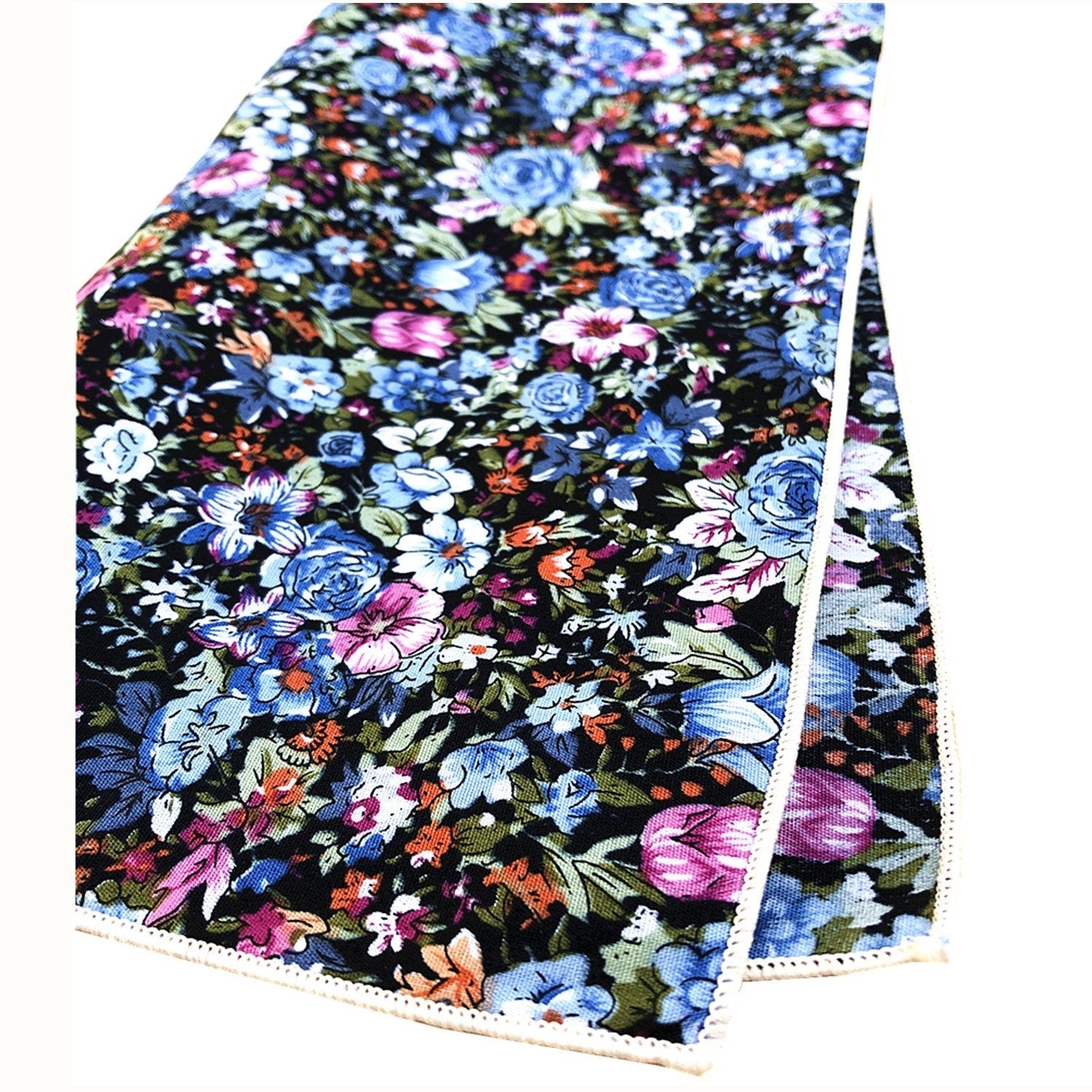Blue Pink Floral on Black Cotton Pocket Square