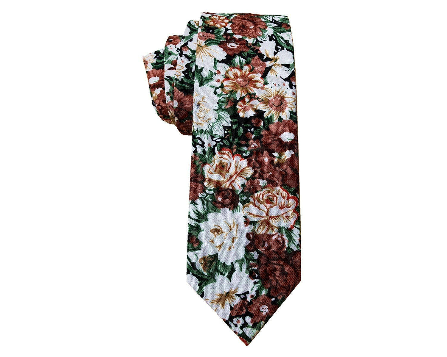 Rust Brown Green Floral Skinny Tie
