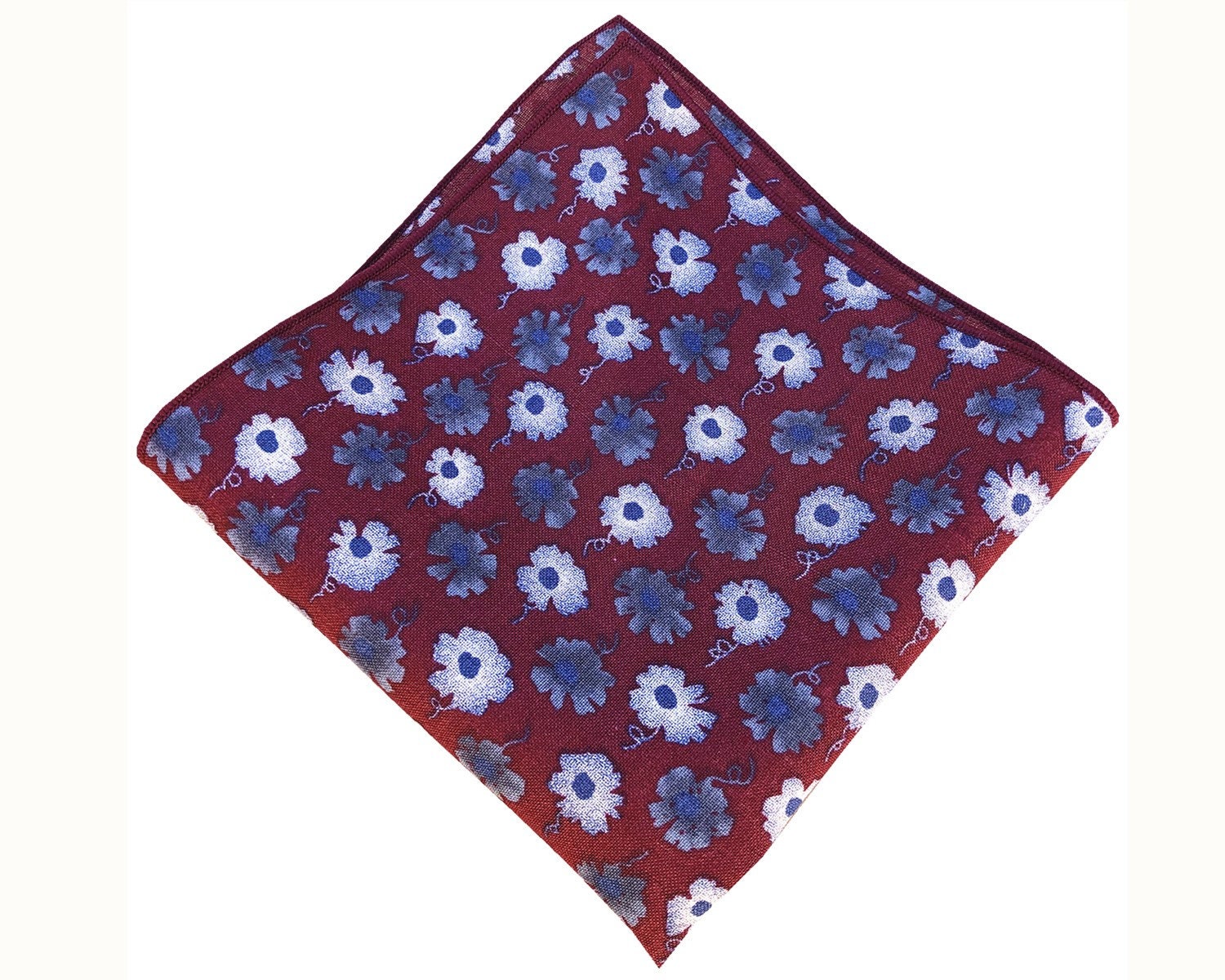 Blue White Floral on Burgundy Pocket Square