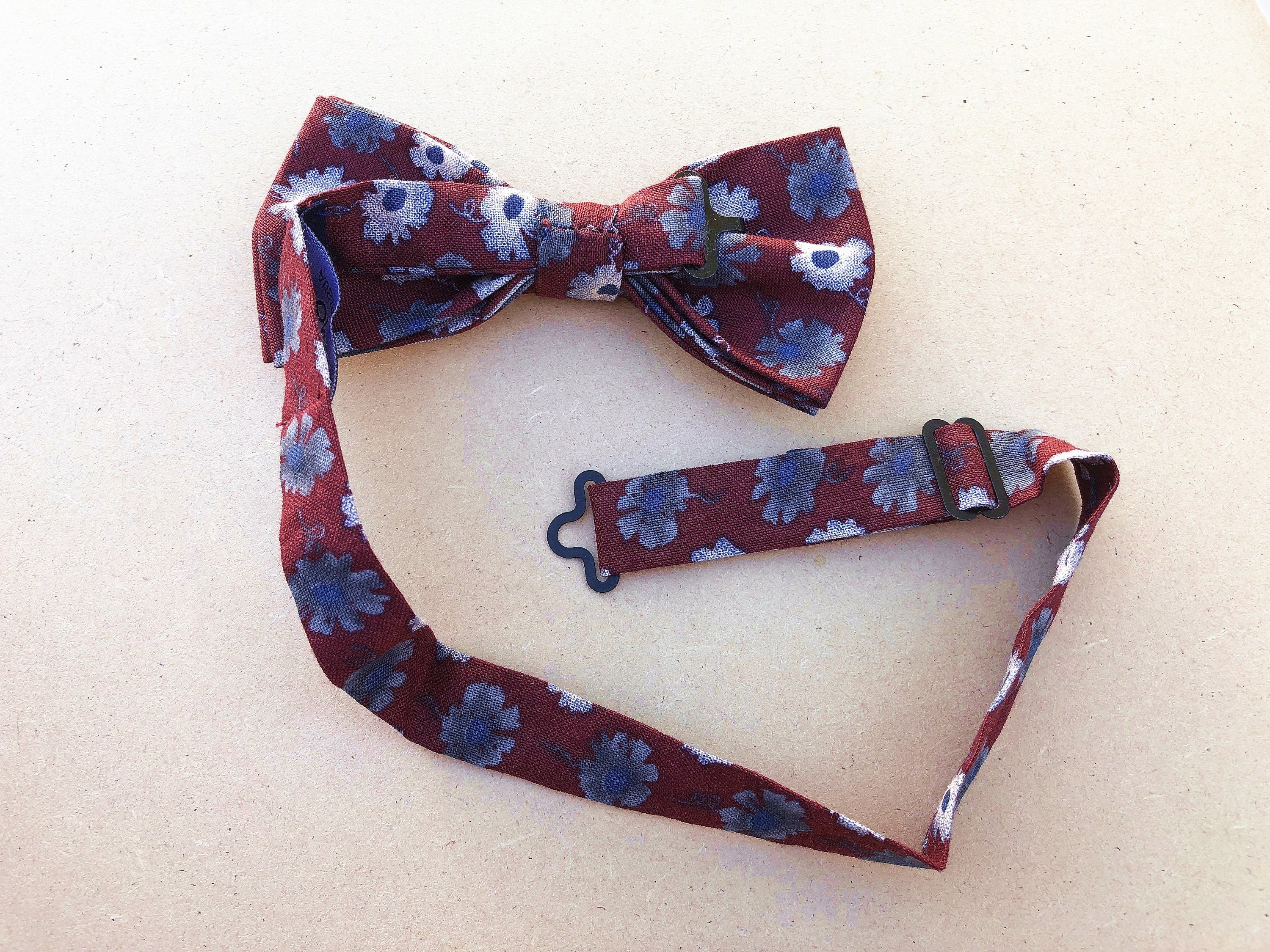 Blue White Floral on Burgundy Pre-tied Bow Tie