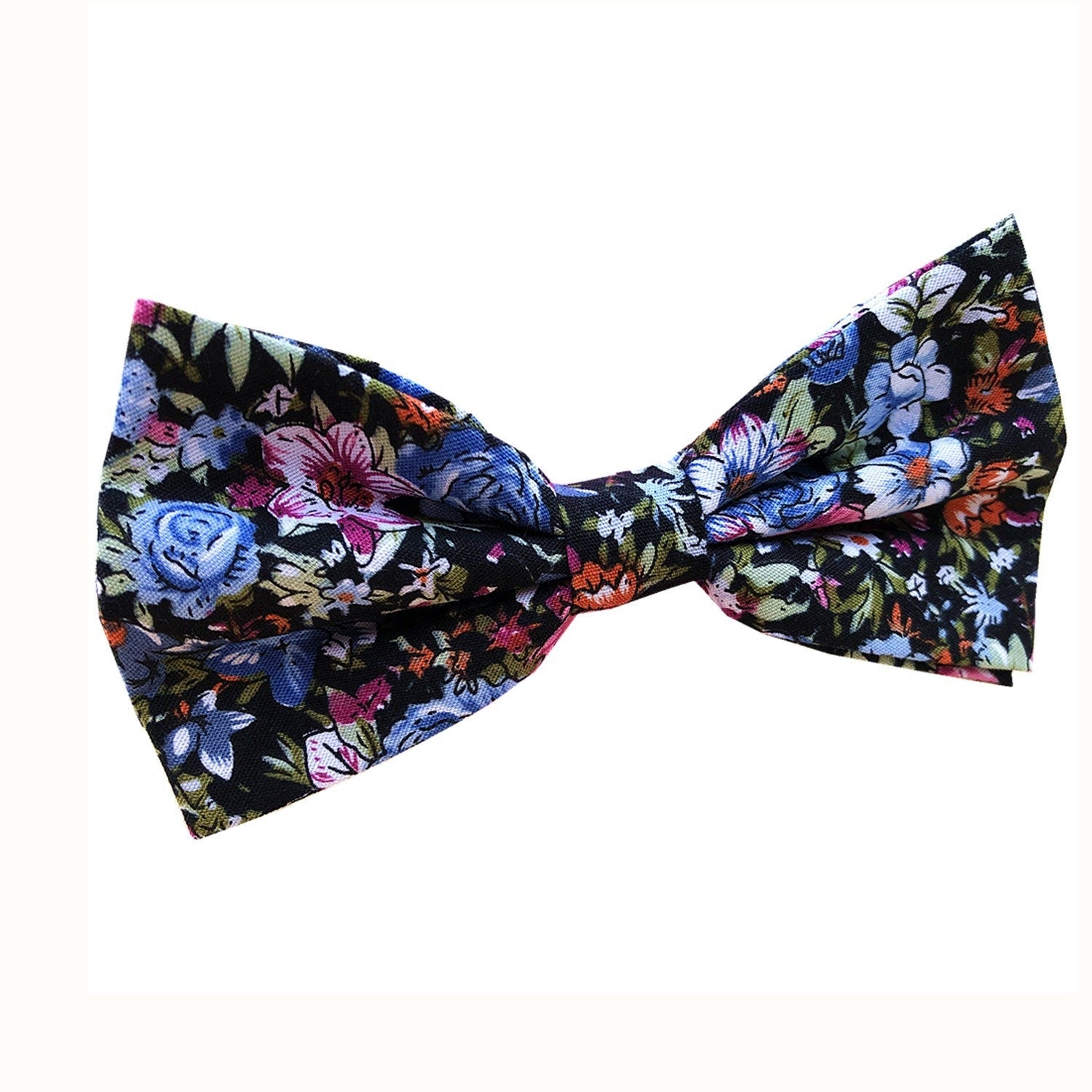 Blue Pink Floral on Black Cotton Bow Tie