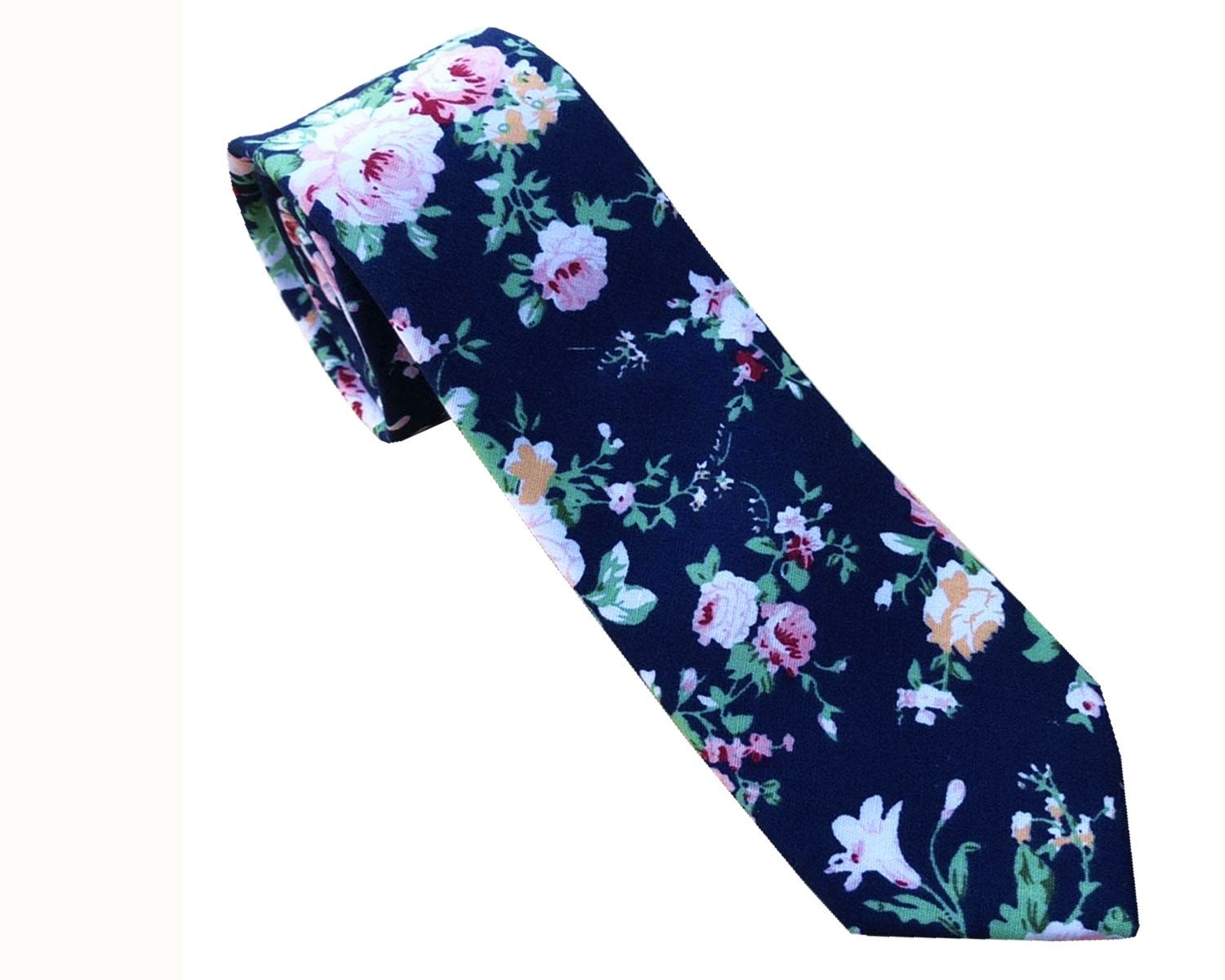 Navy Blue on Pink White Floral Skinny Tie