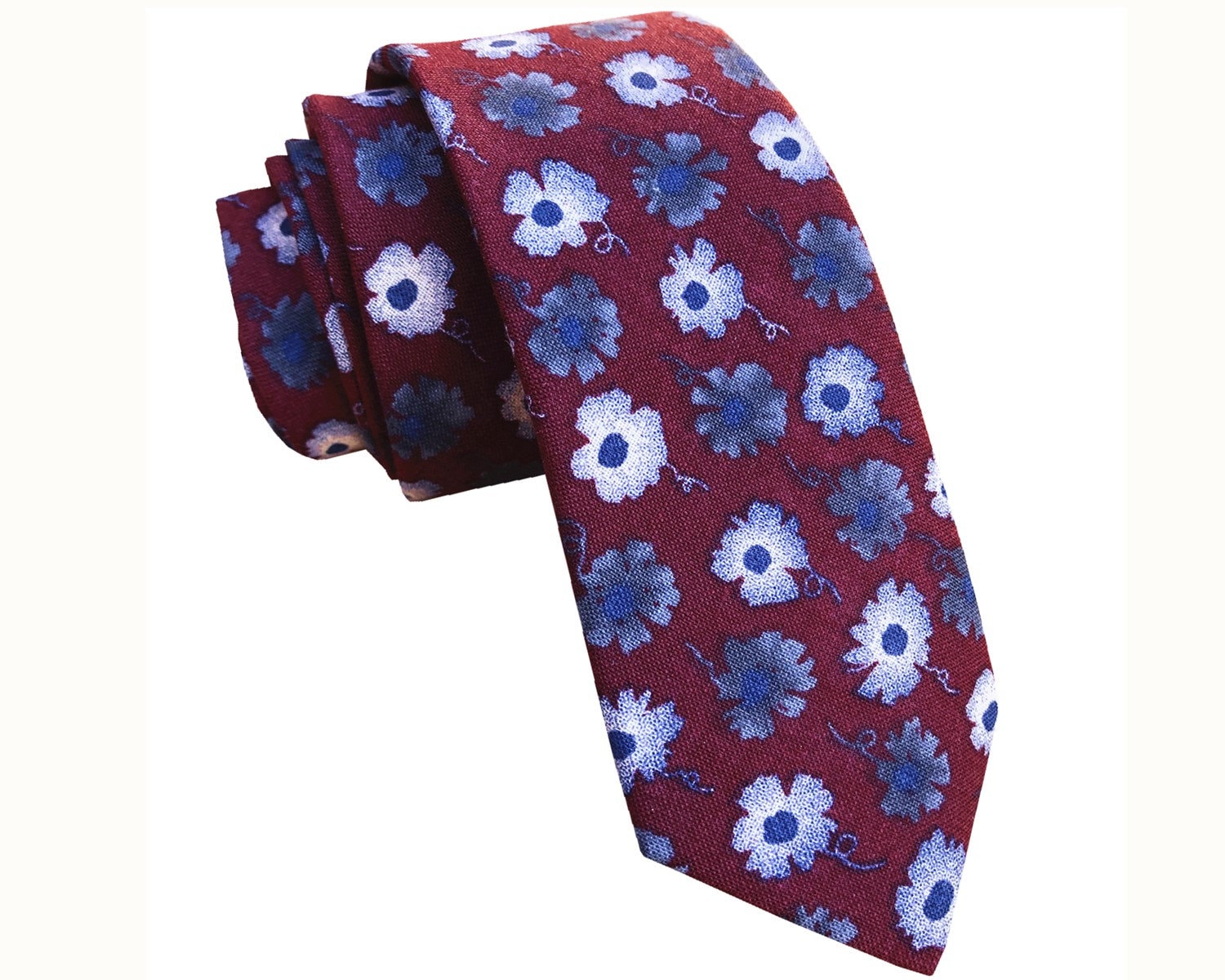 Blue White Floral on Burgundy Skinny Tie