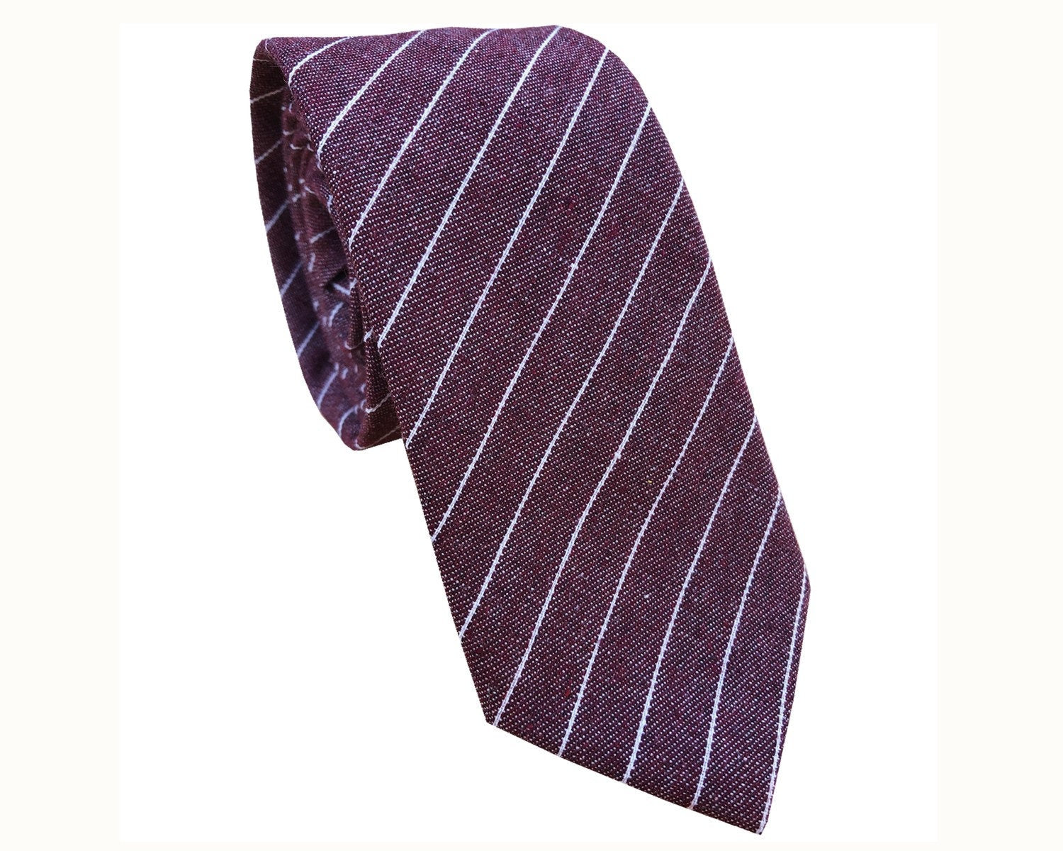 Burgundy with White Stripe Cotton Skinny Tie
