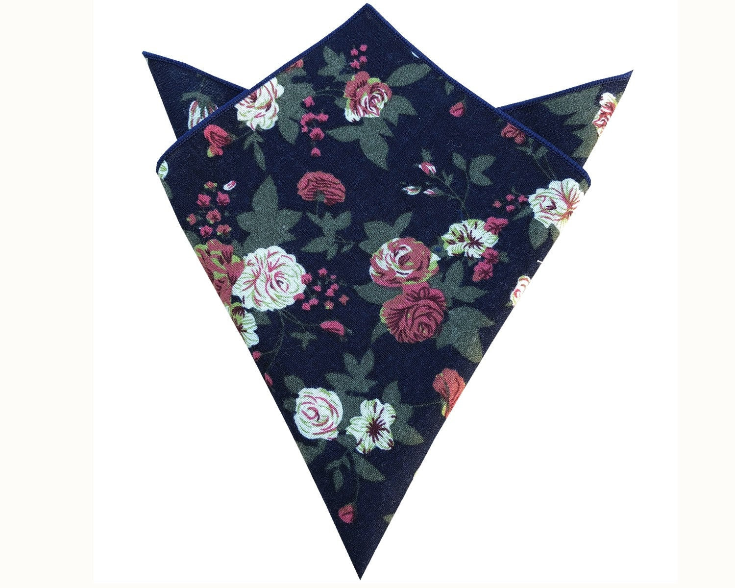 Navy Blue with White Rose Floral Pocket Square