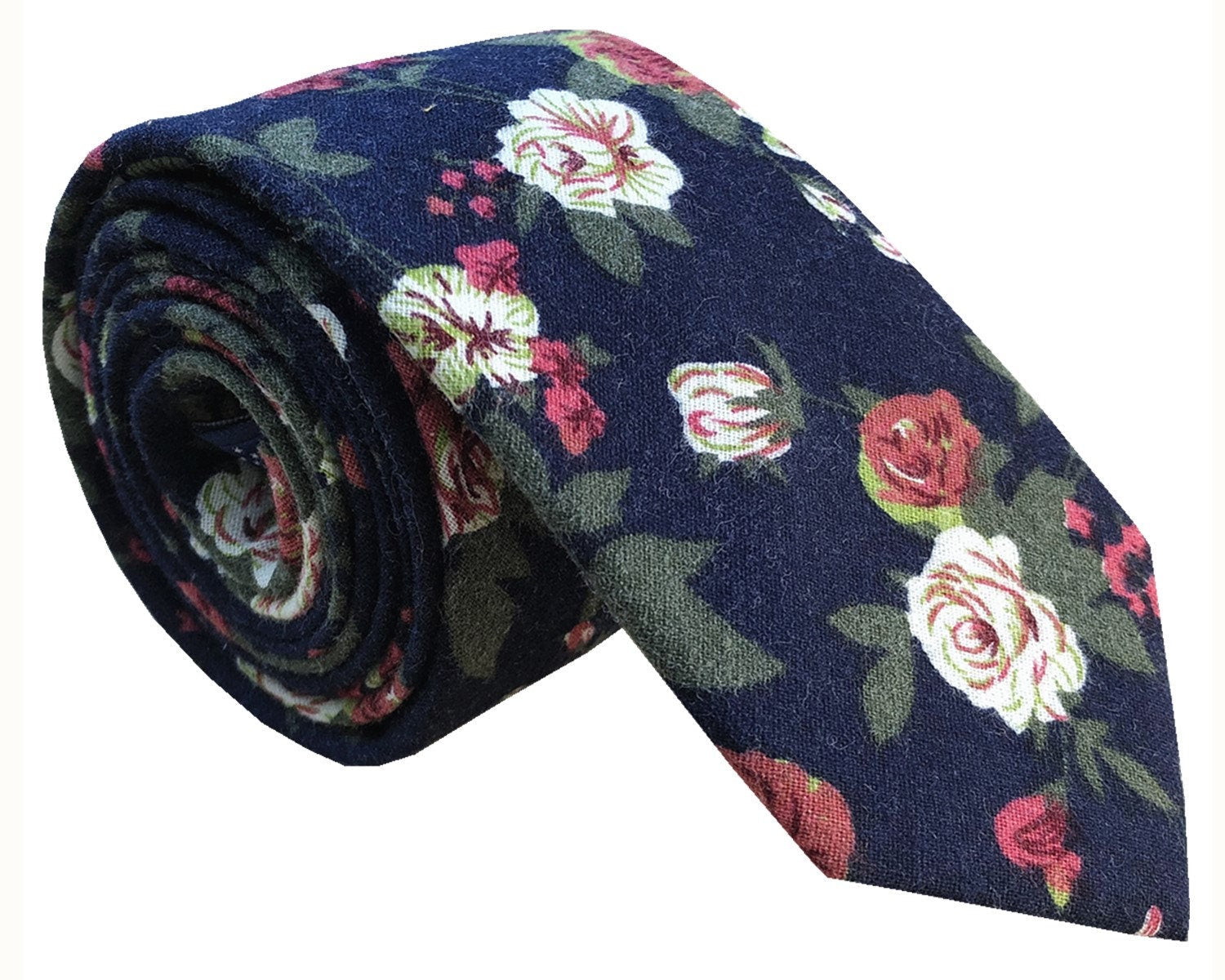 Navy Blue with White Rose Floral Necktie