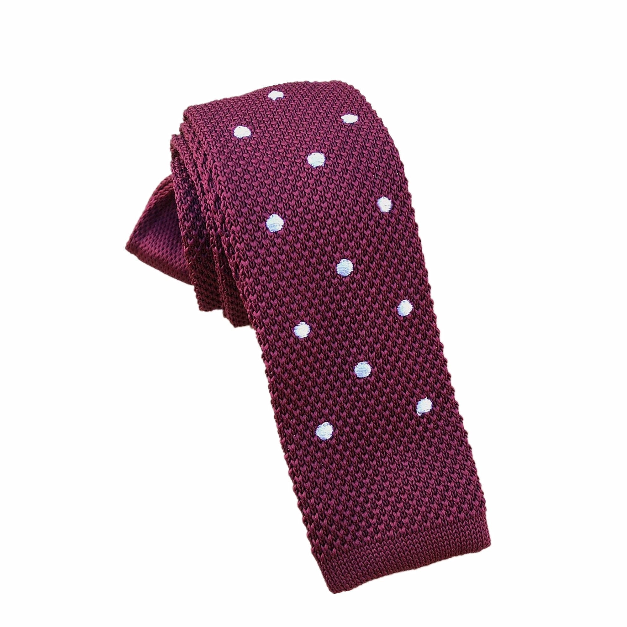 Burgundy with White Polka Dots Knitted Skinny Tie