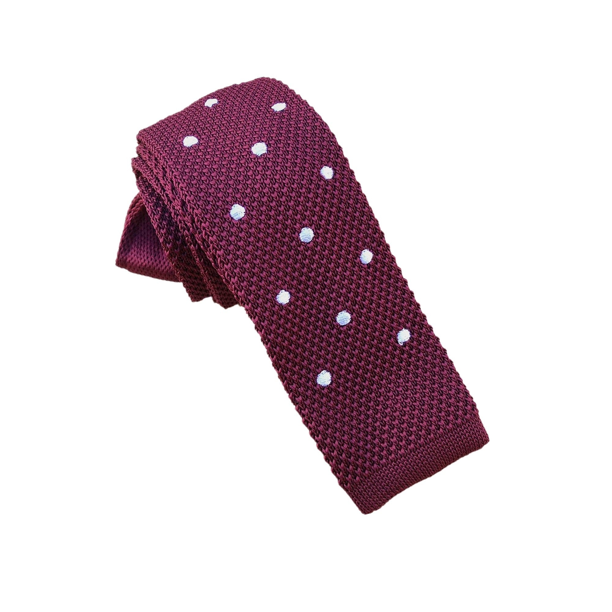 Burgundy with White Polka Dots Knitted Skinny Tie