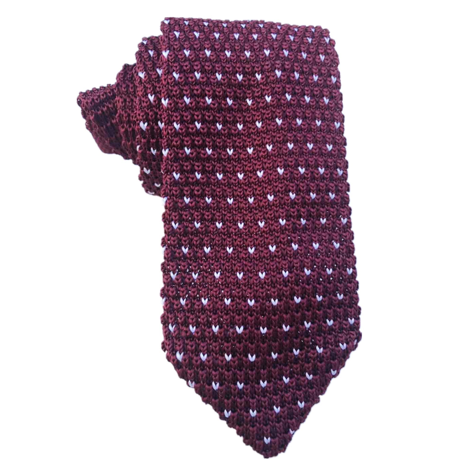 Knitted Burgundy with White Heart Skinny Tie