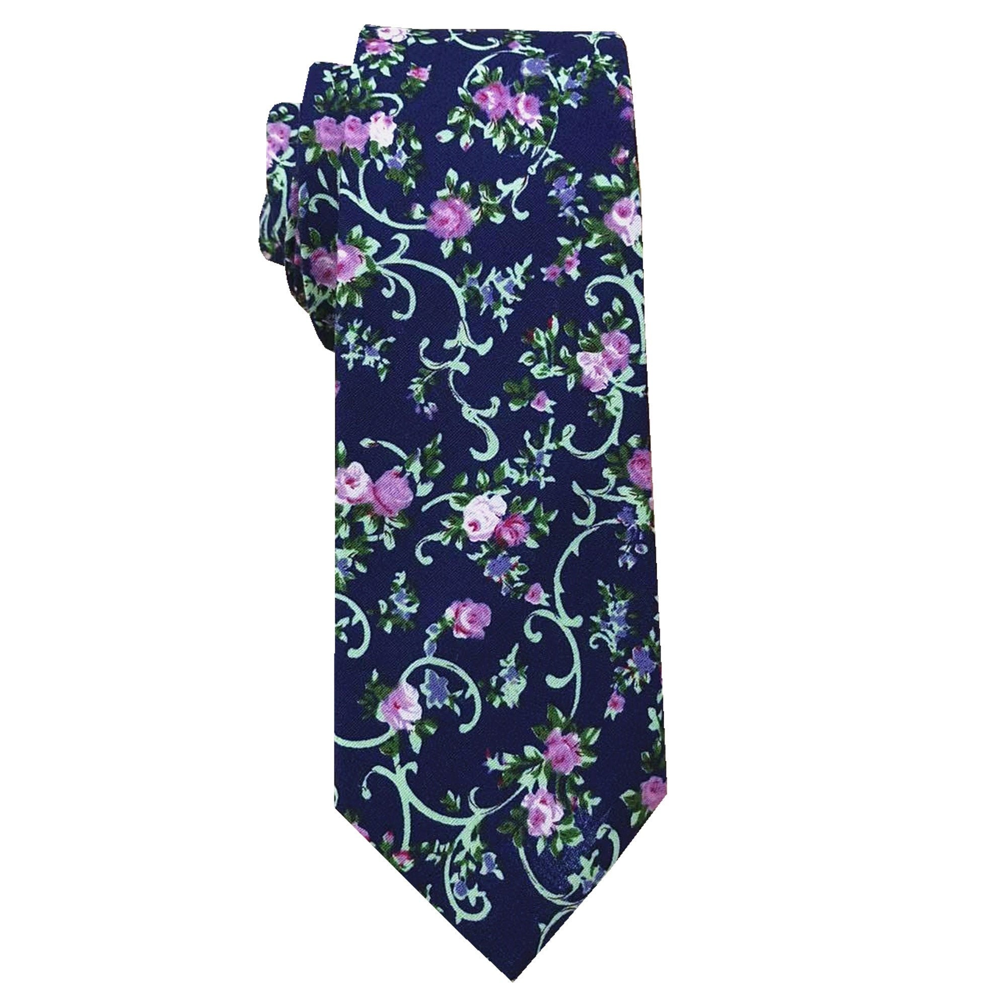 Navy with Green String Purple Floral Skinny Tie