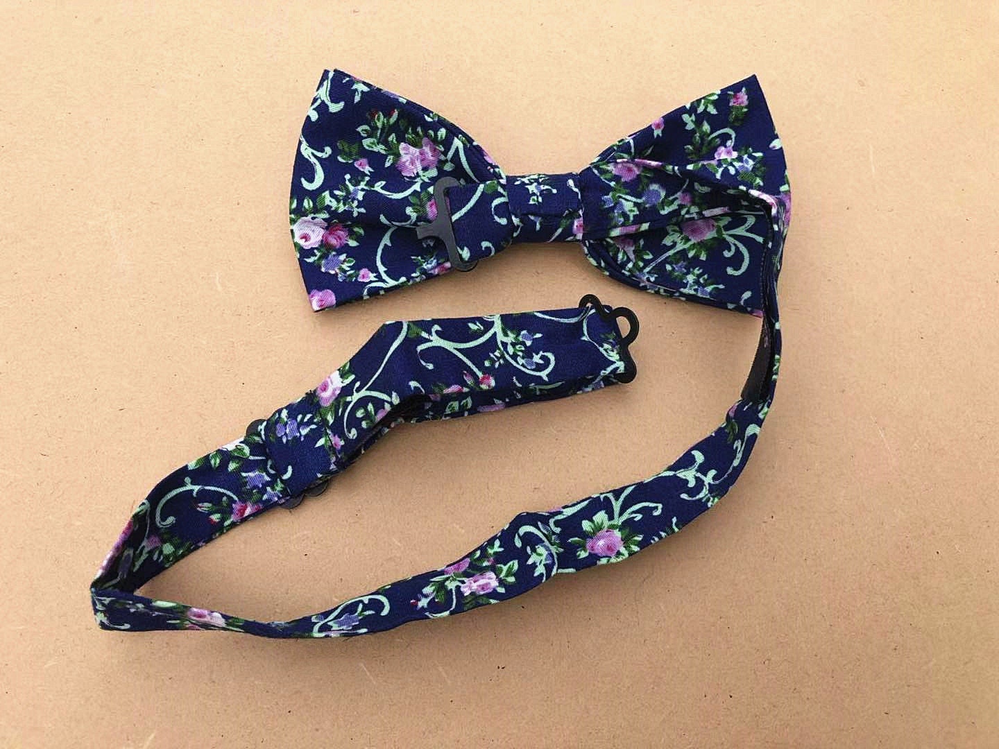 Navy with Green String Purple Floral Pre-tied Bow Tie