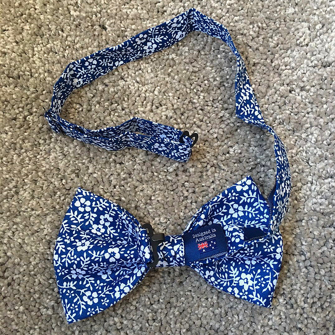 White Floral on Blue Pre-tied Bow Tie
