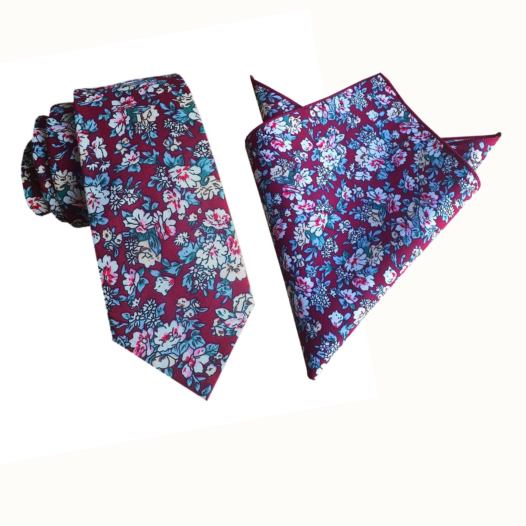 White Floral on Burgundy Skinny Tie