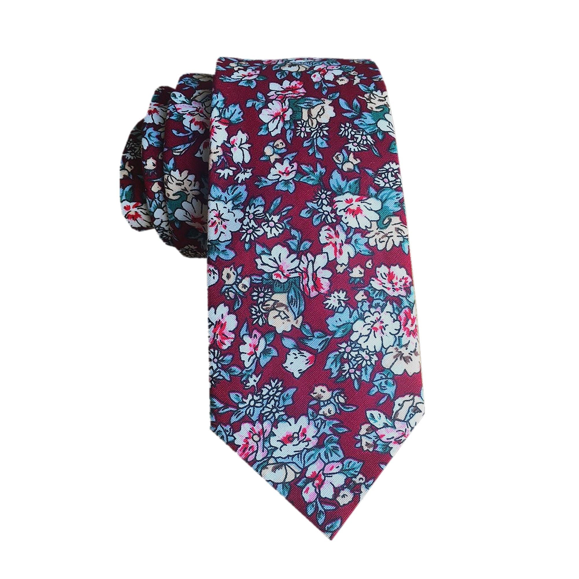 White Floral on Burgundy Necktie