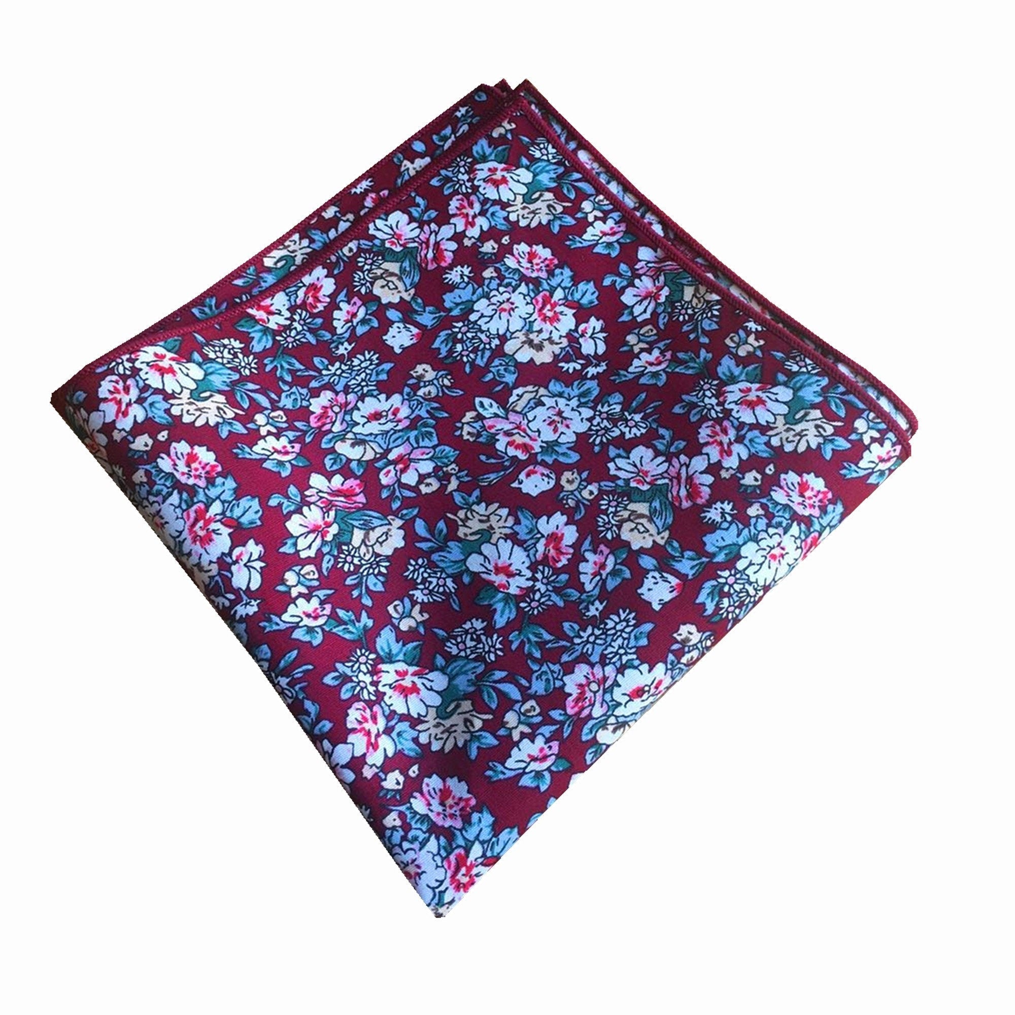 White Floral on Burgundy Pocket Square