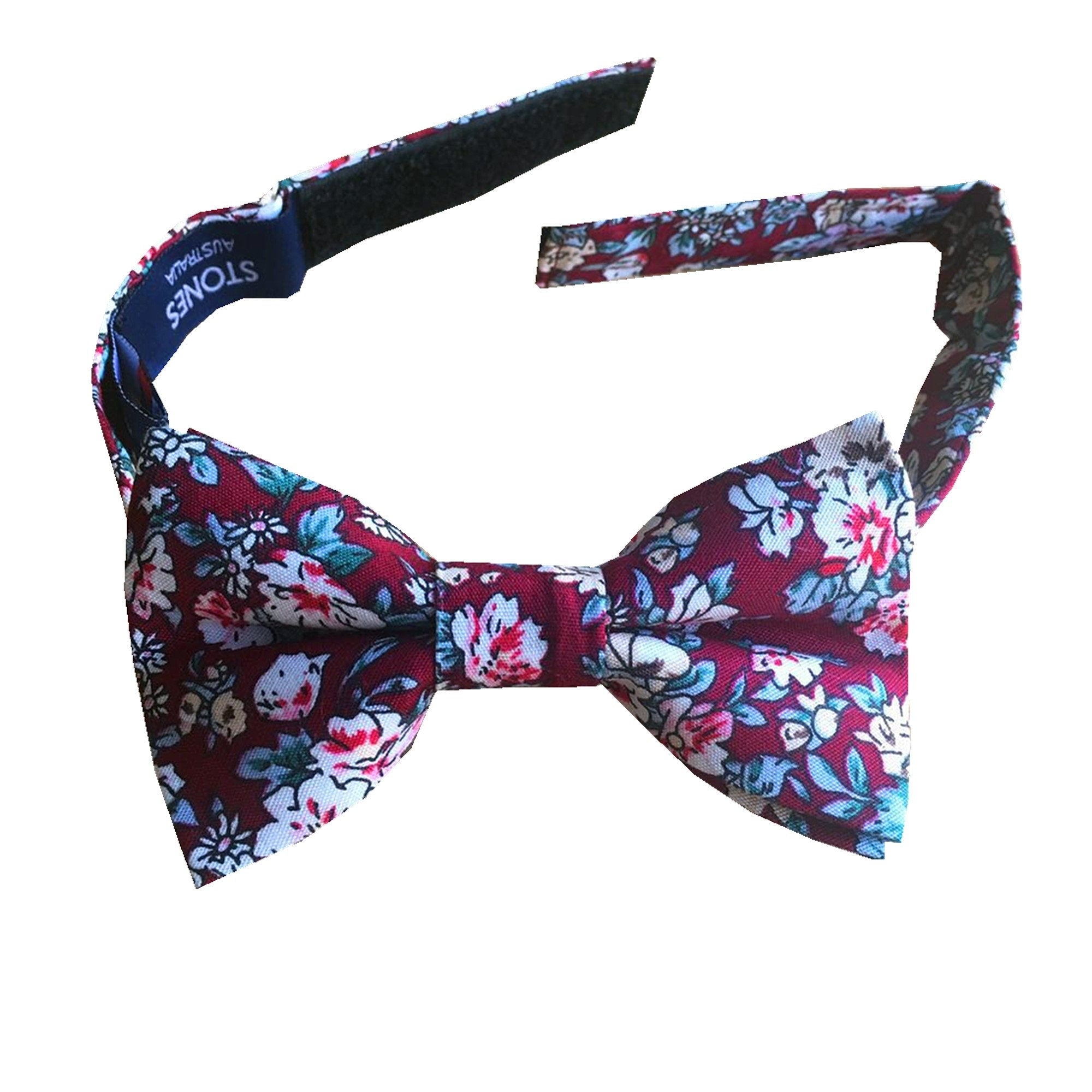 White Floral on Burgundy Pre-tied Bow Tie