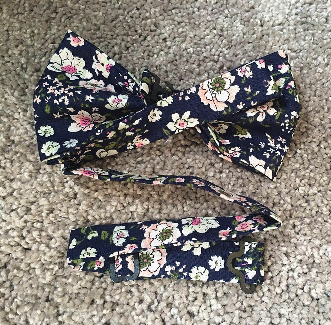Navy Blue Peach Floral Pre-tied Bow Tie
