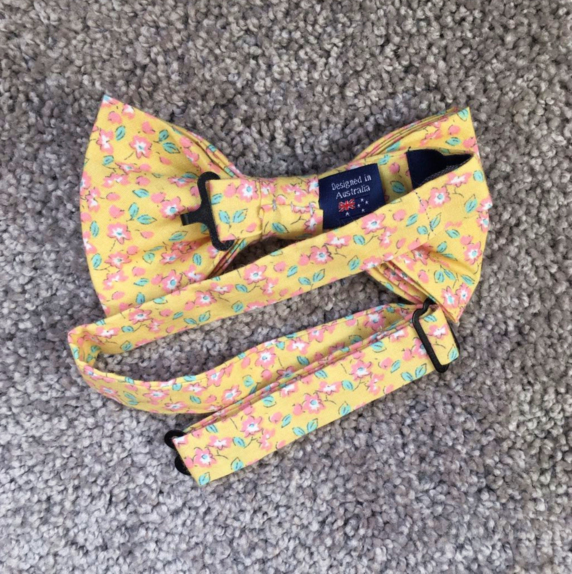 Pink Floral On Yellow Floral Pre-tied Bow Tie