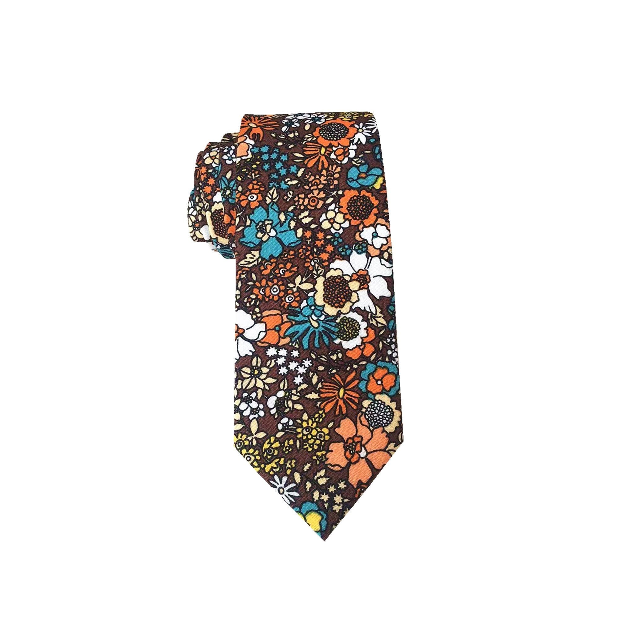 Orange Floral On Brown Skinny Tie