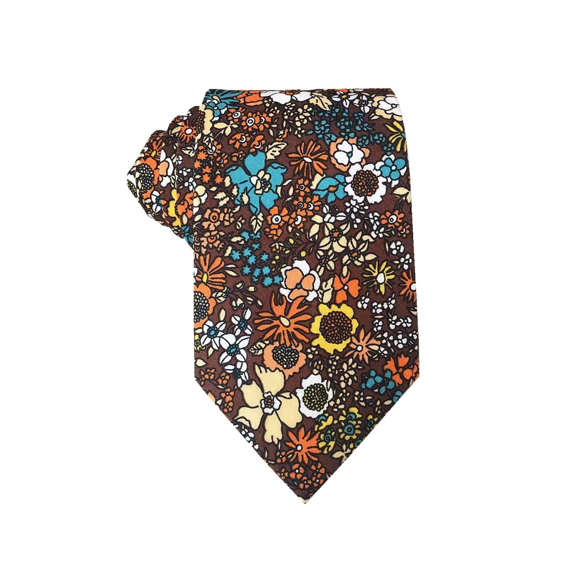 Orange Floral On Brown Skinny Tie