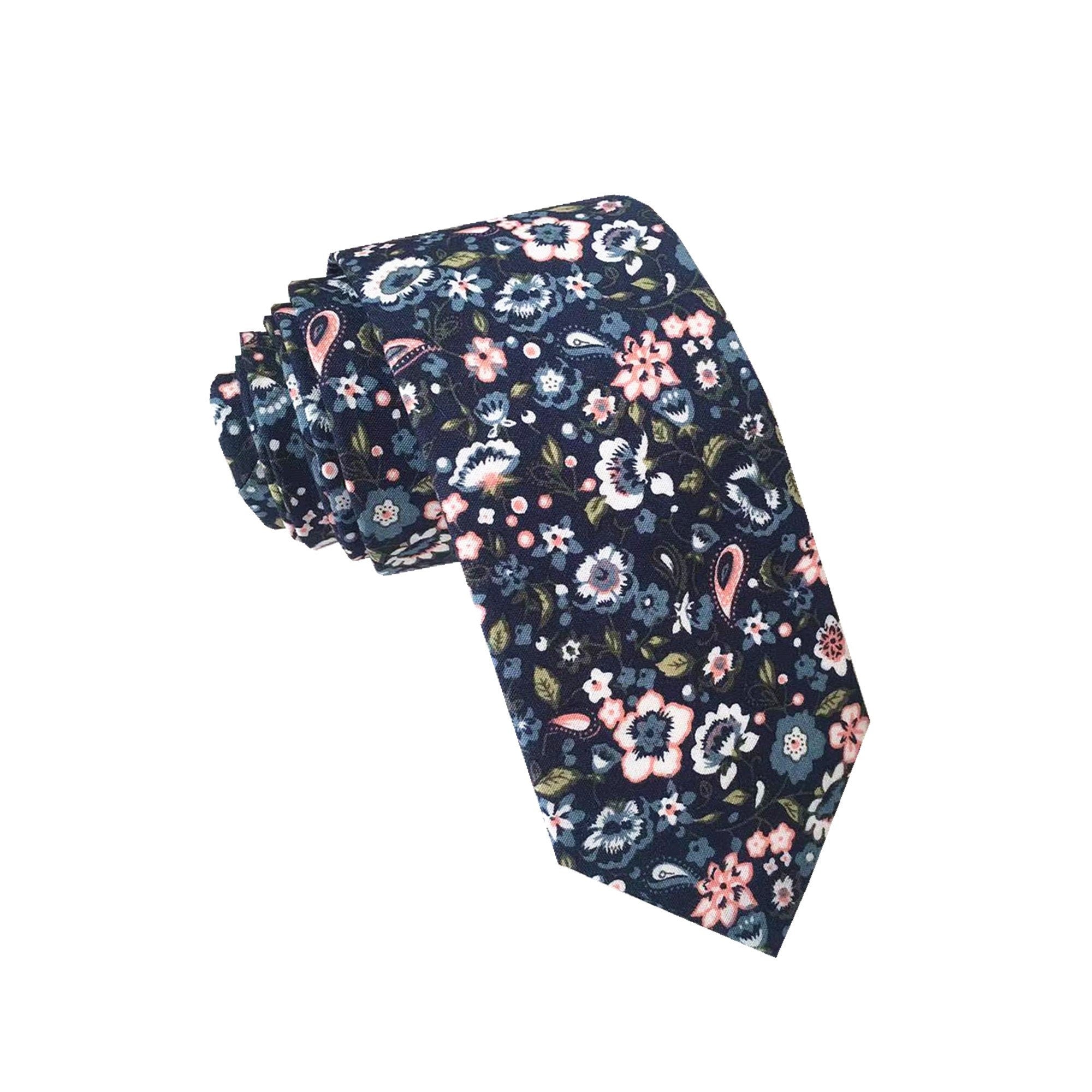 Dark Midnight with White & Pink Floral Skinny Tie