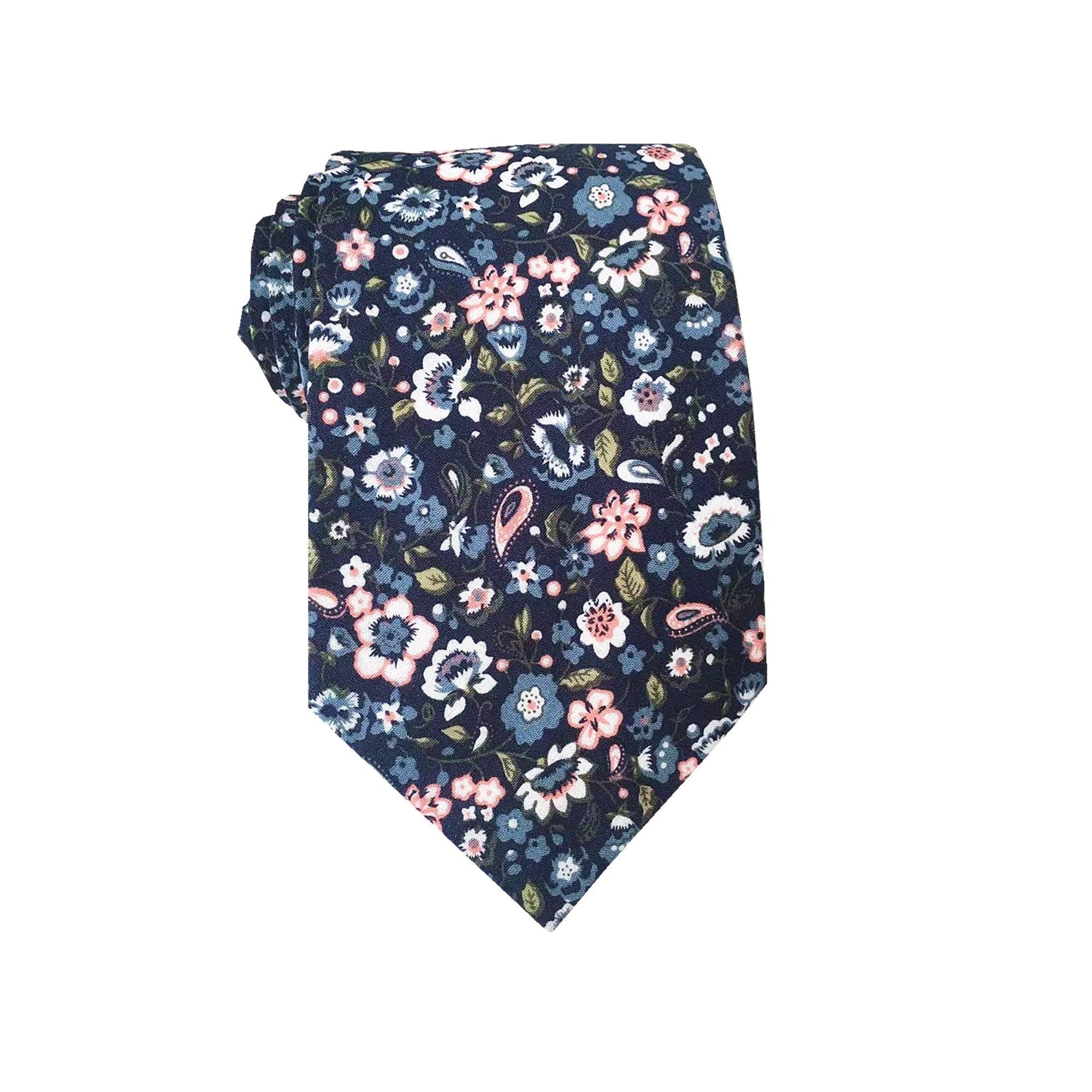 Dark Midnight with White & Pink Floral Necktie