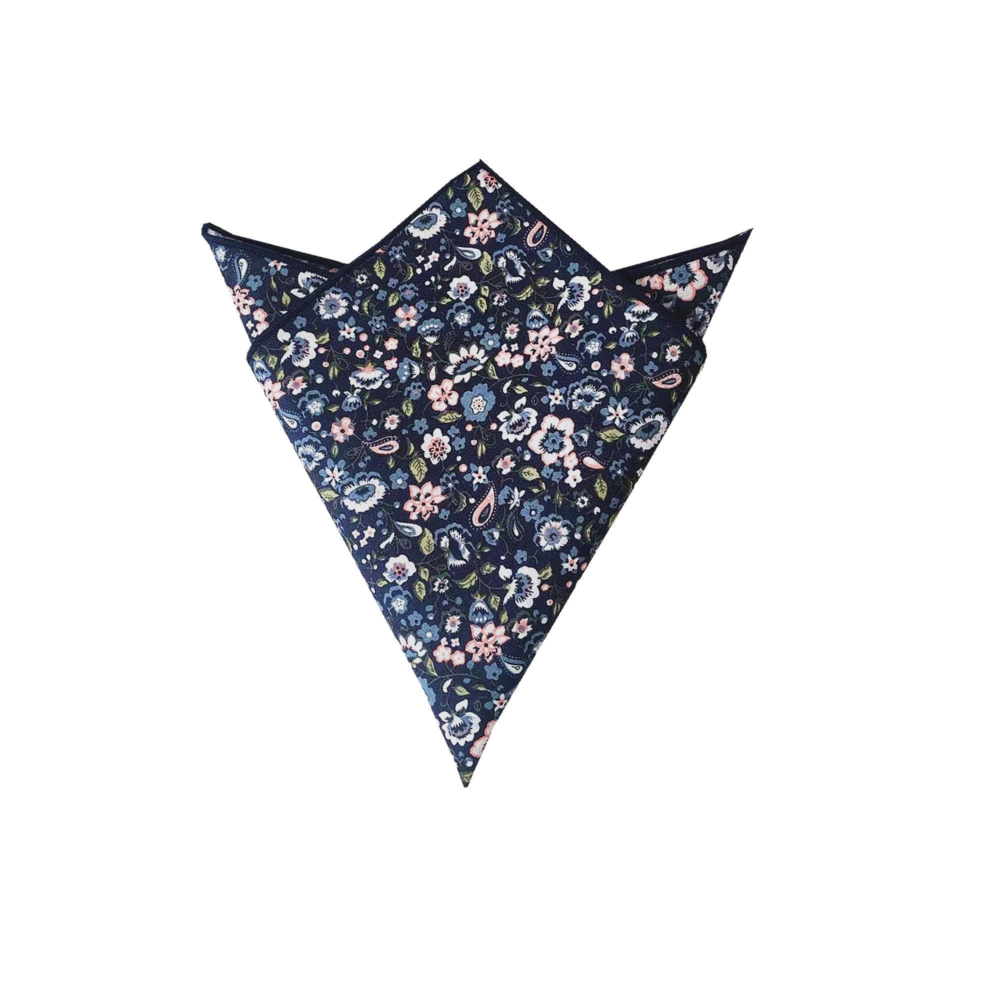 Dark Midnight with White & Pink Floral Pocket Square