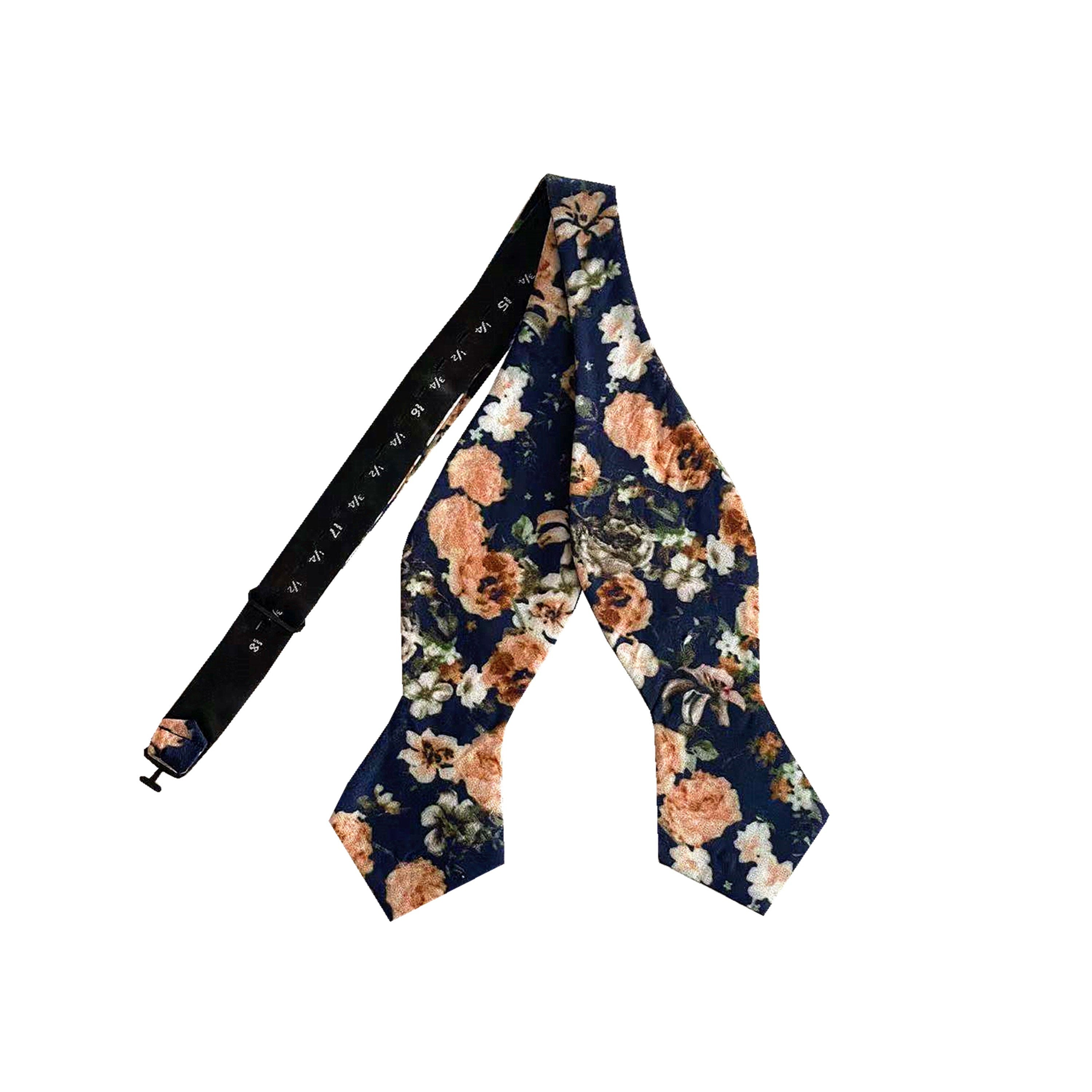 Navy Peach Floral Pre-tied Bow Tie