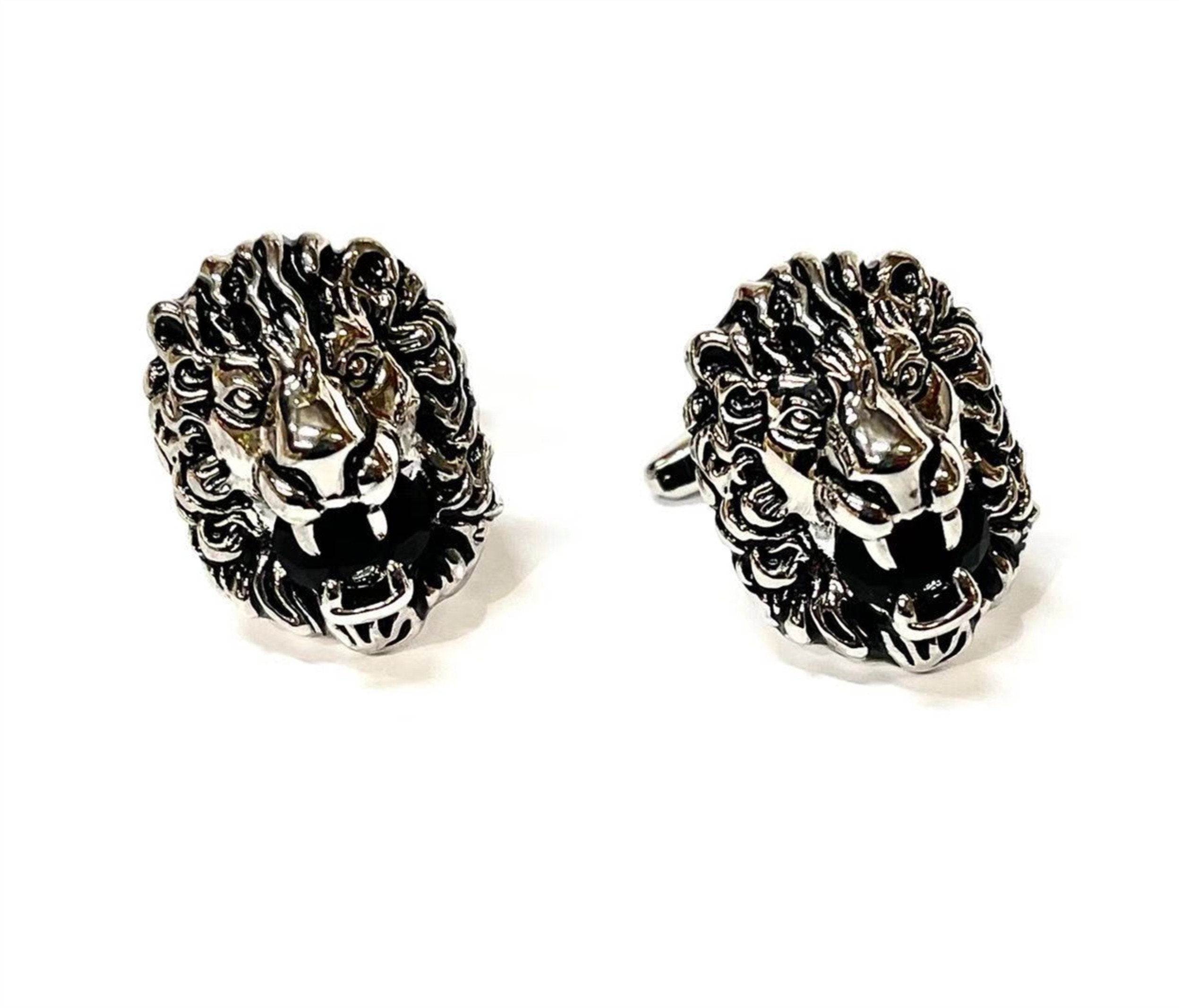 Antique Silver Lion Gemstone Cufflinks