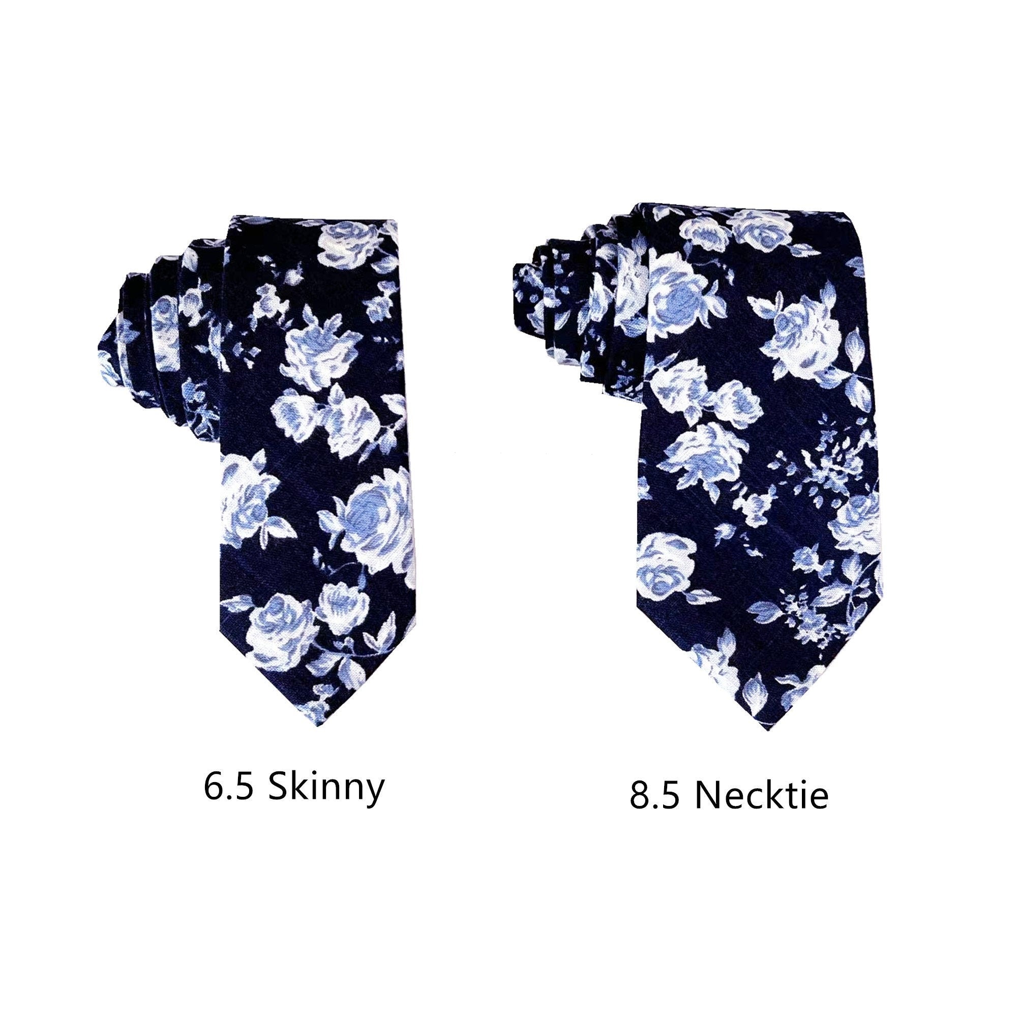 Dark Navy with Blue Rose Floral Cotton Skinny Tie