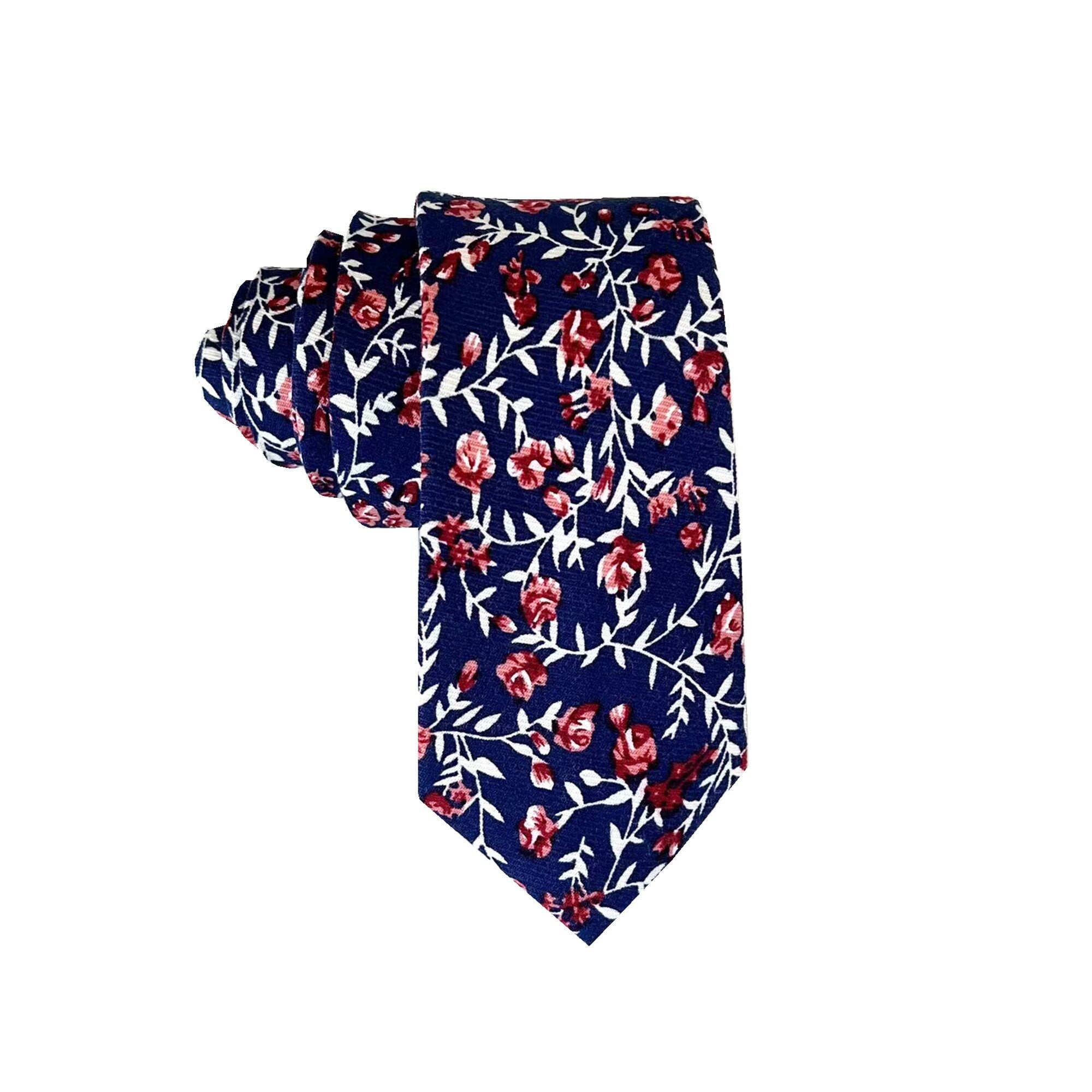 Navy Burgundy Floral Skinny Tie