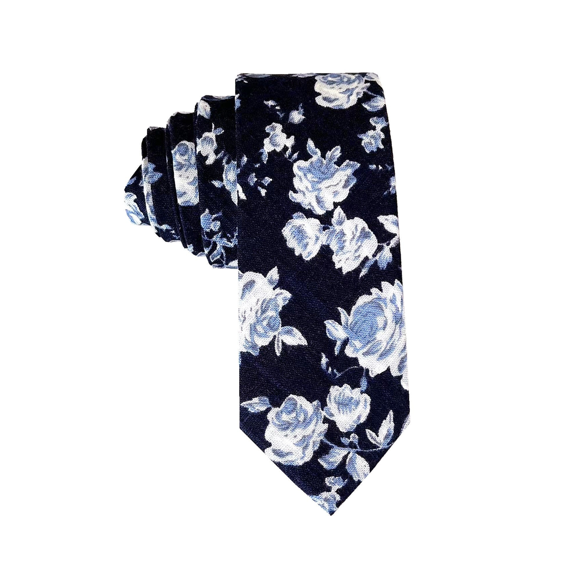Dark Navy with Blue Rose Floral Cotton Necktie