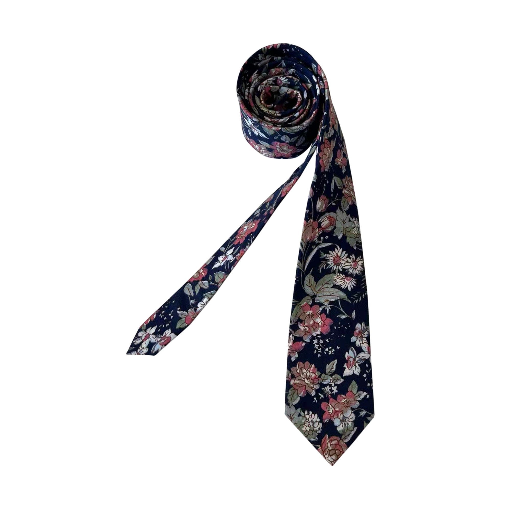White and Pink on Dark Navy Floral Skinny Tie