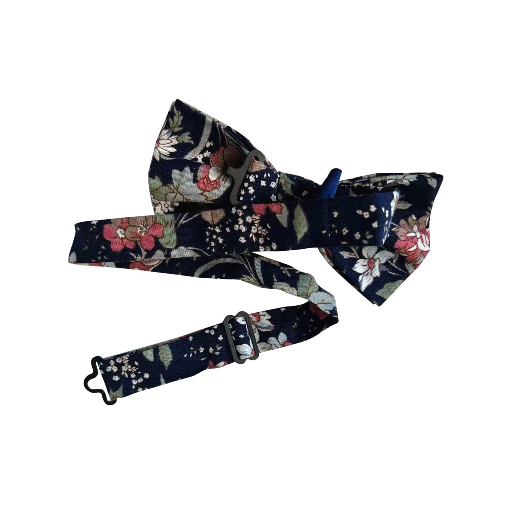 White and Pink on Dark Navy Floral Pre-tied Bow Tie