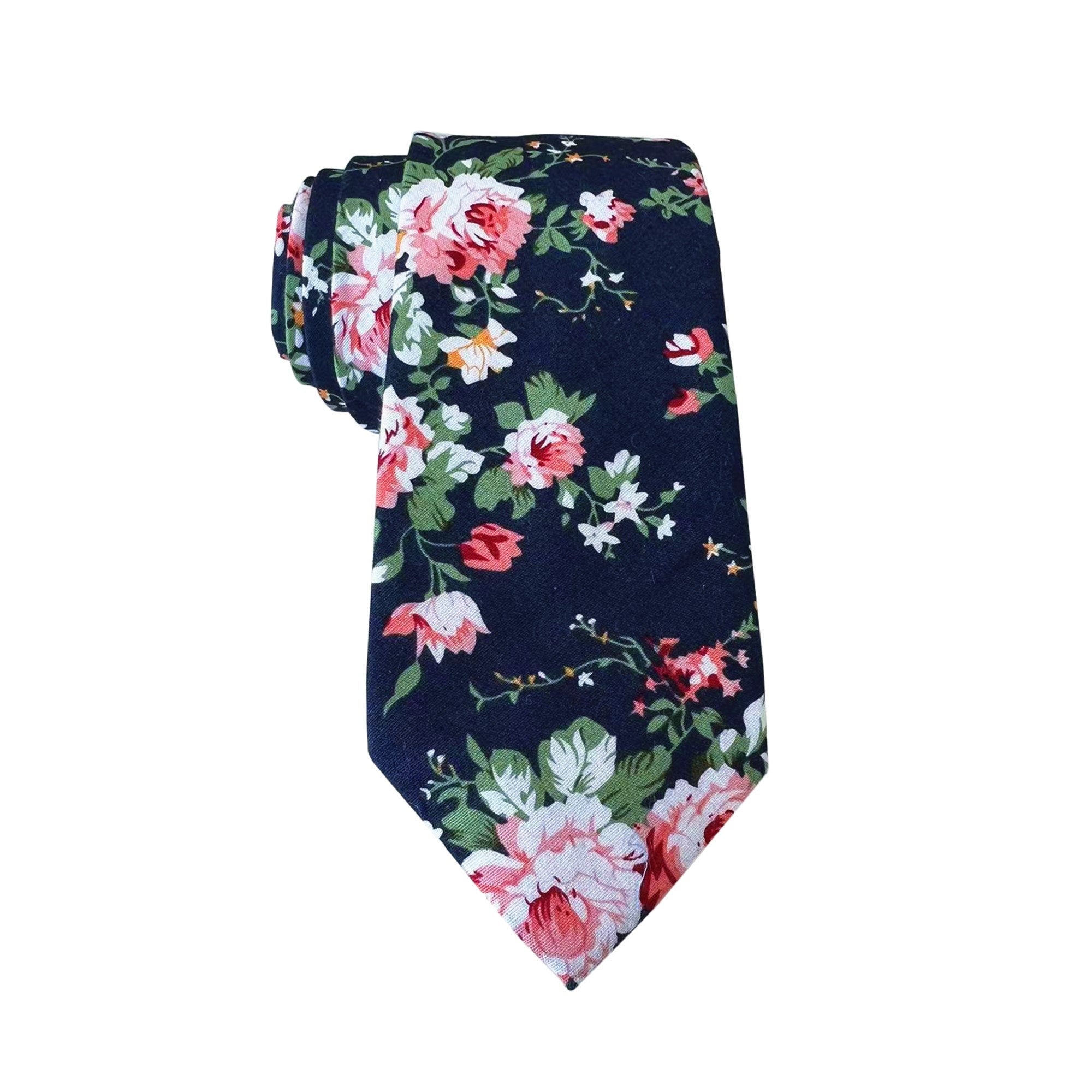 Navy Pink White Floral Skinny Tie