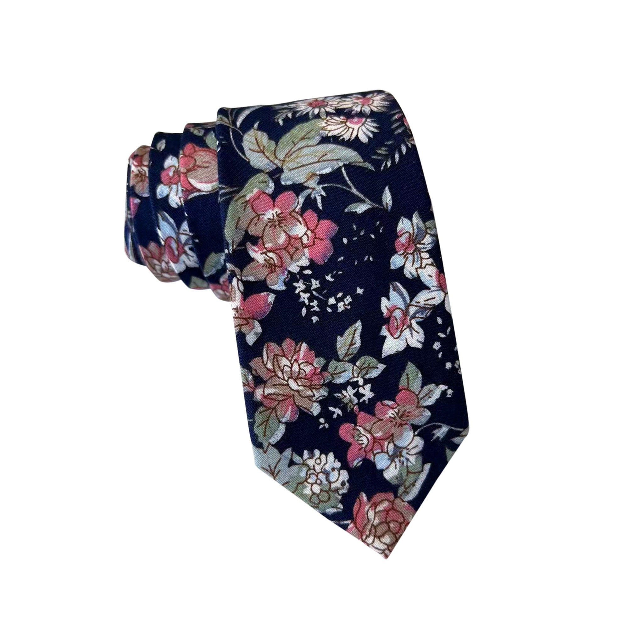 White and Pink on Dark Navy Floral Skinny Tie