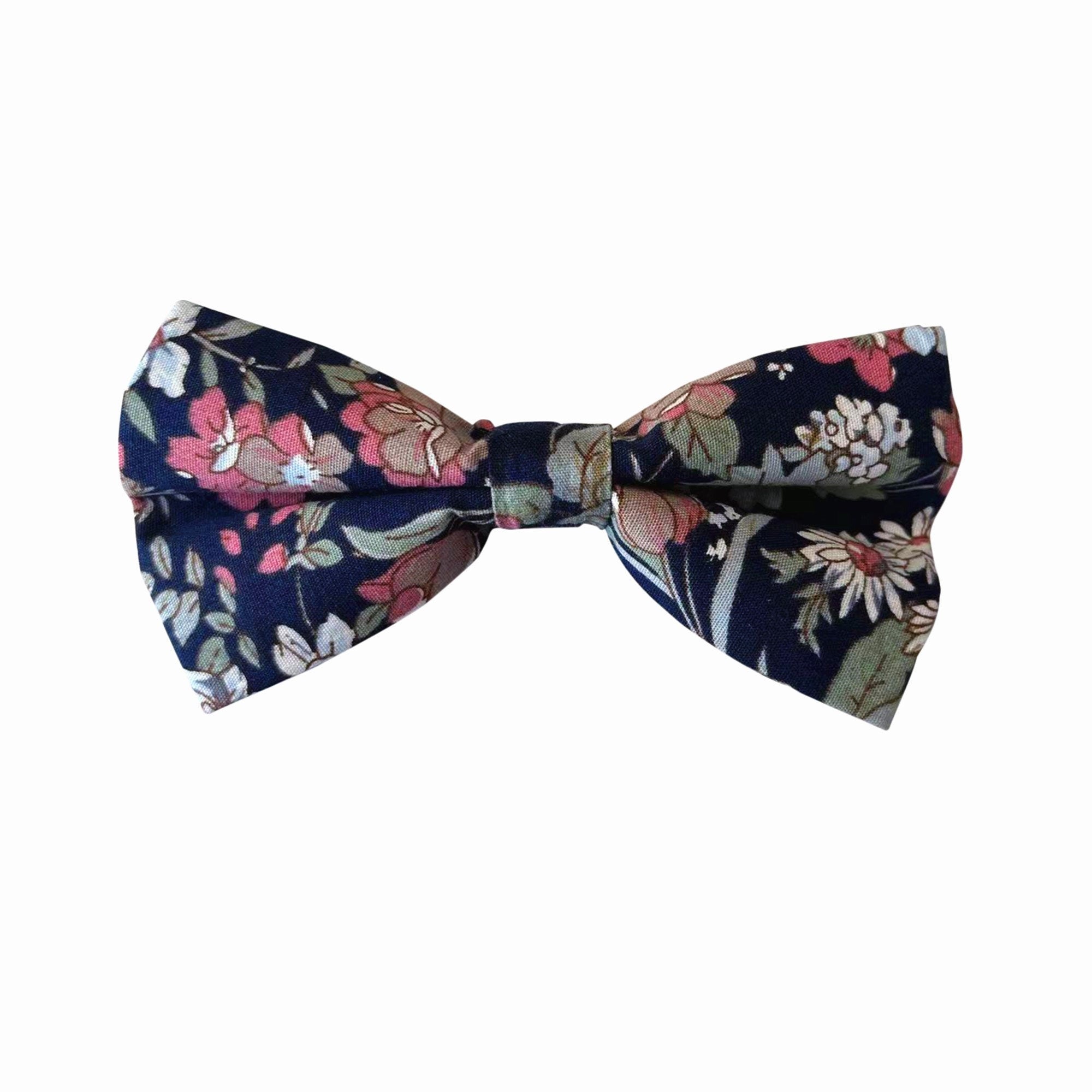 White and Pink on Dark Navy Floral Pre-tied Bow Tie
