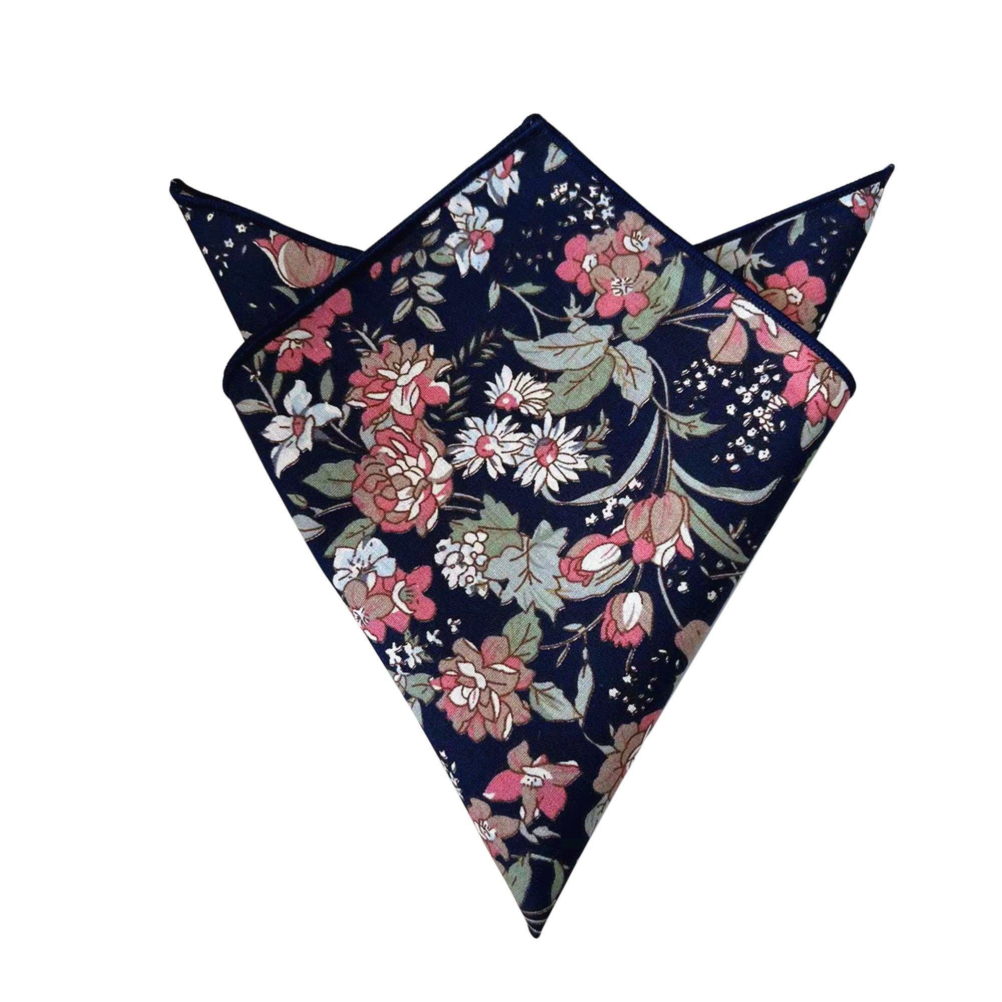 White and Pink on Dark Navy Floral Pocket Square