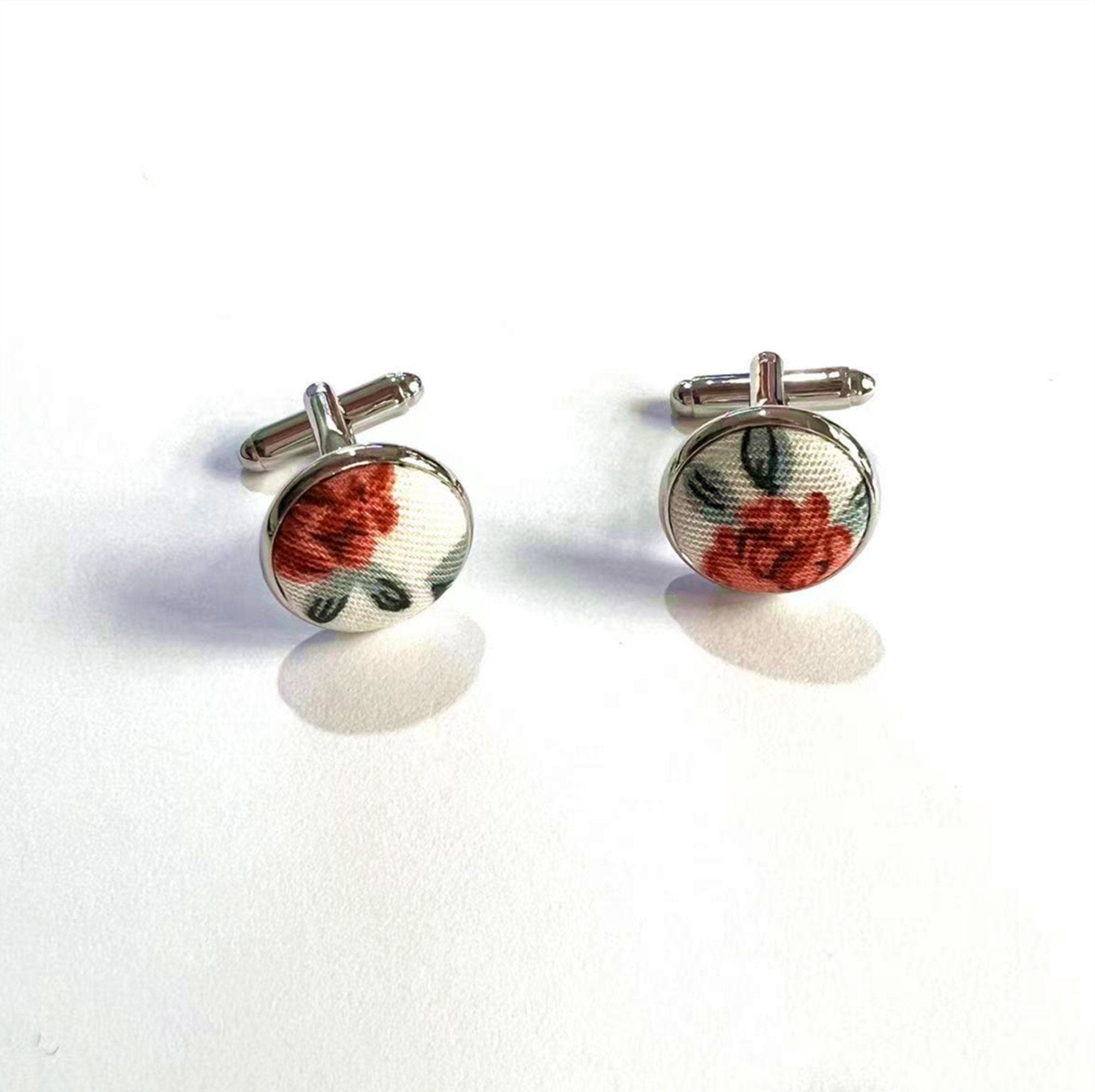 Orange Green Floral Silver Cufflinks