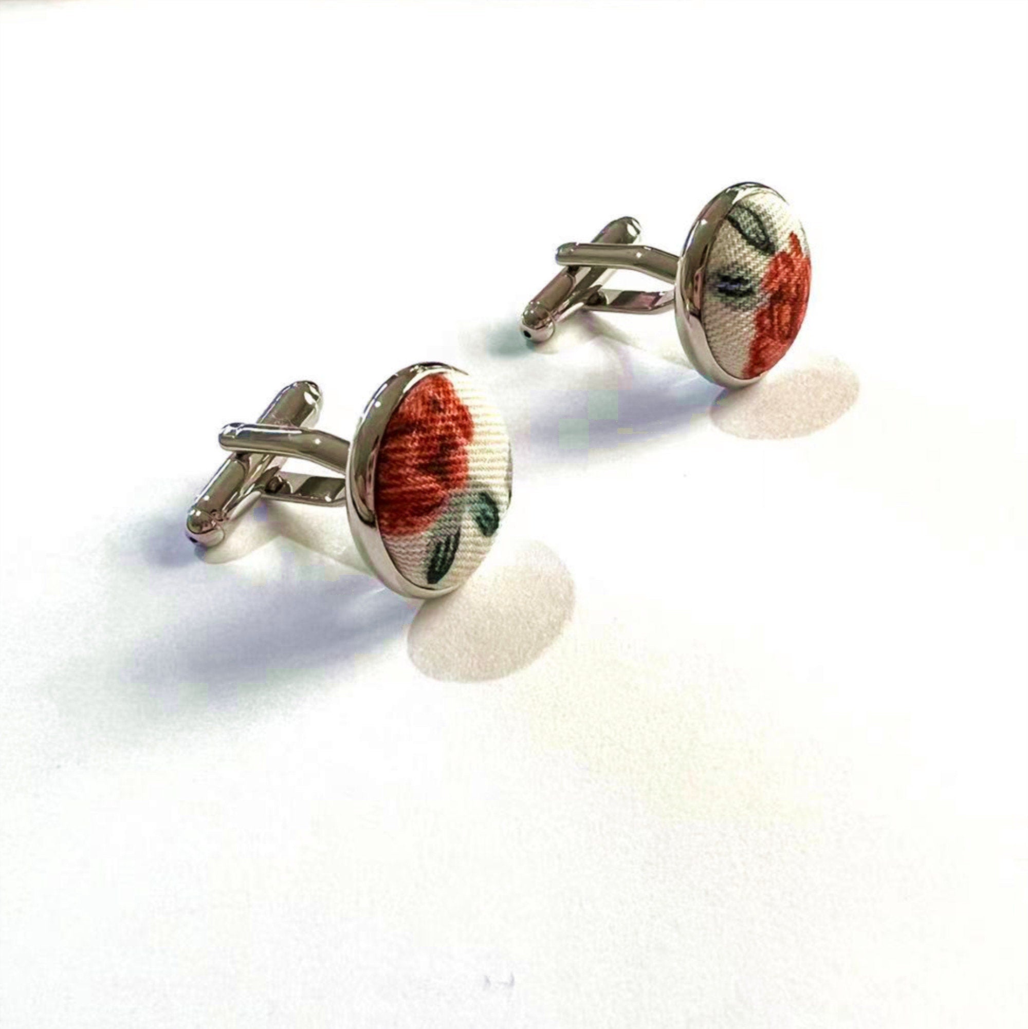 Orange Floral Silver Cufflinks