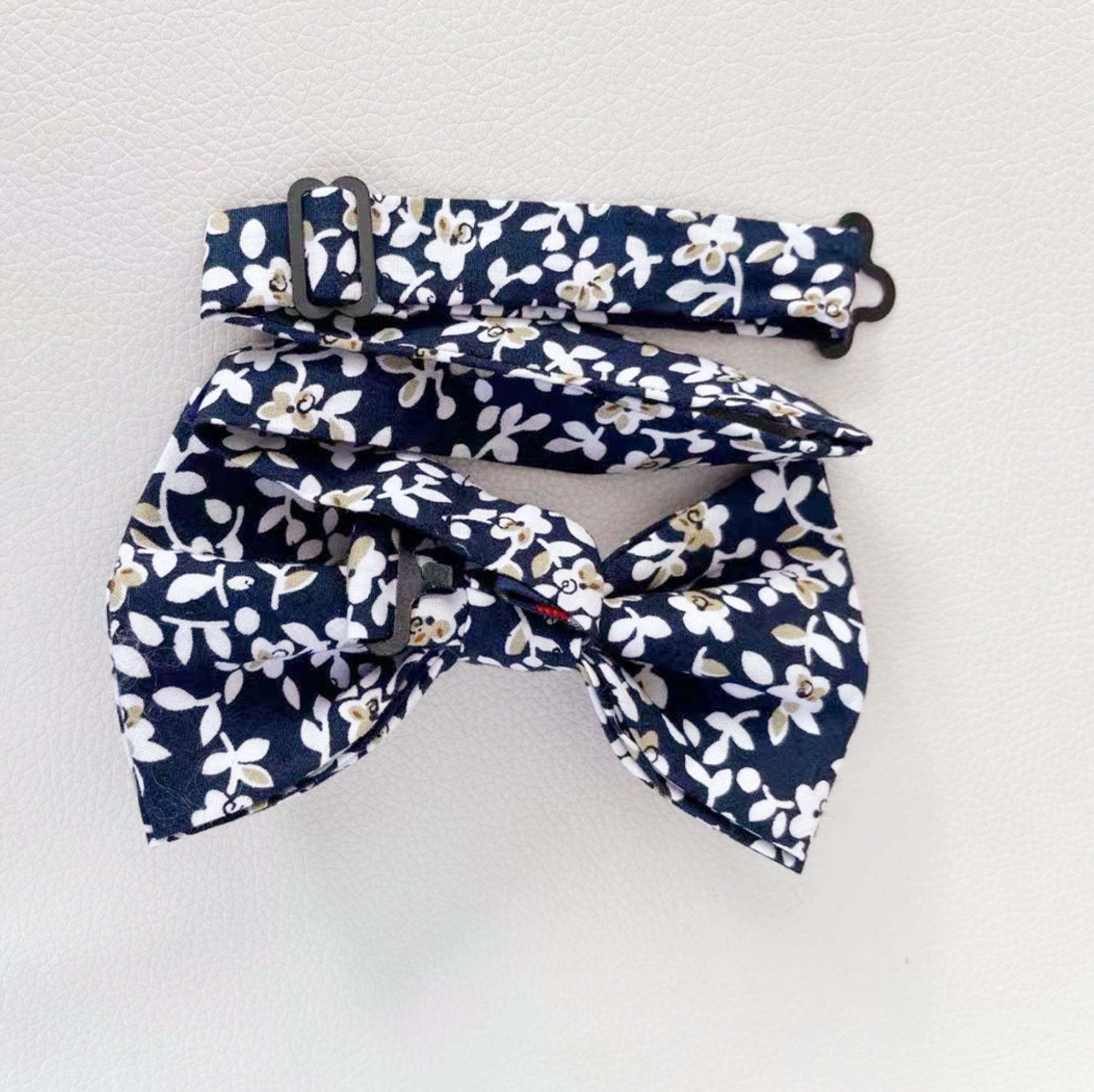 White Brown Floral On Navy Pre-tied Bow Tie