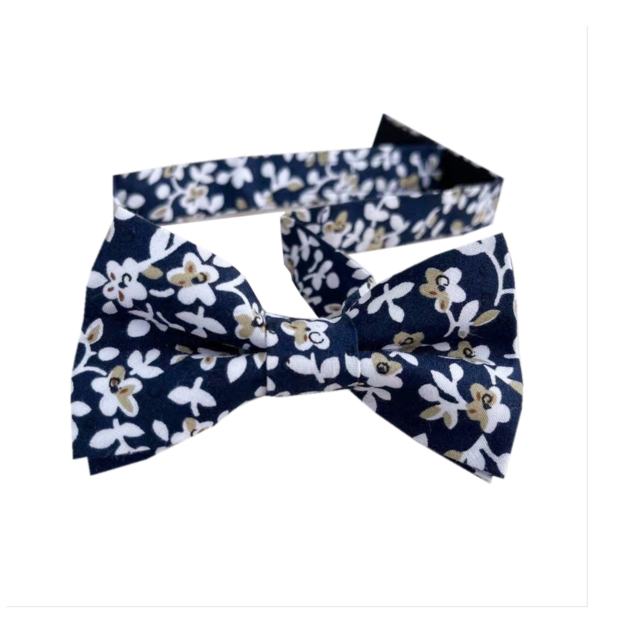 White Brown Floral On Navy Kids Bow Tie