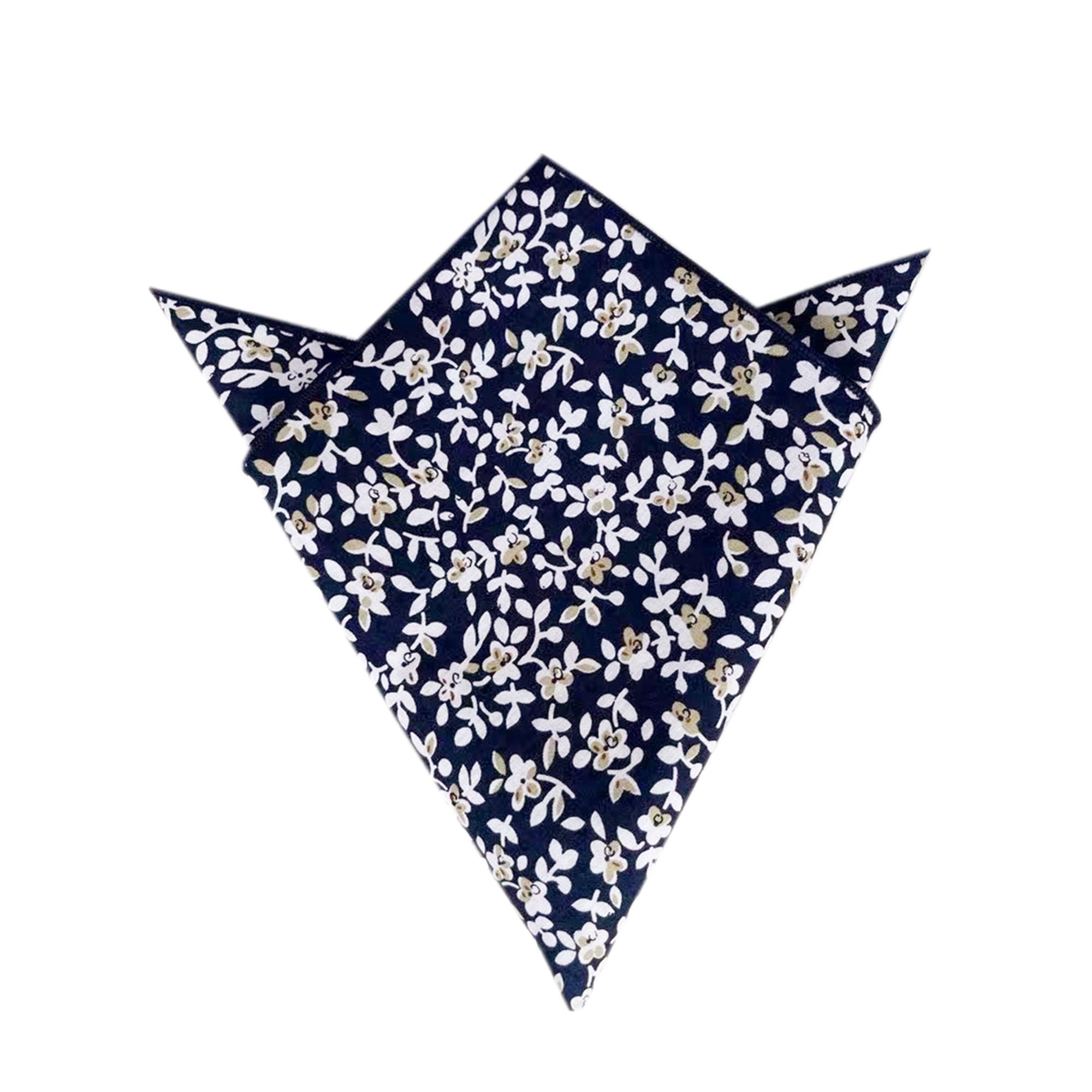 White Brown Floral On Navy Pocket Square