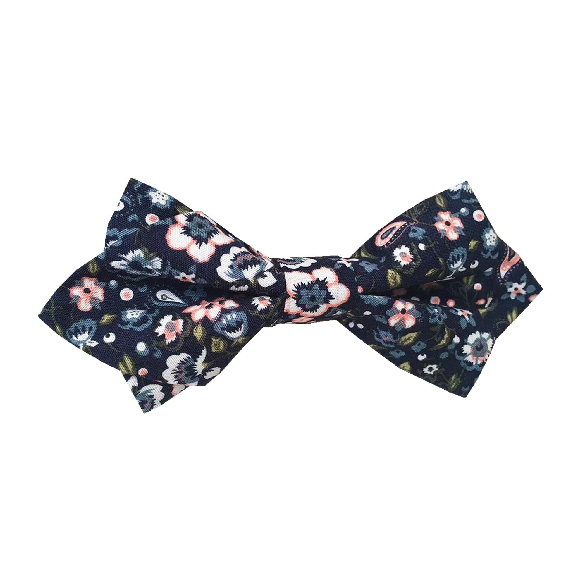 Dark Midnight with White & Pink Floral Pre-tied Diamond Bow Tie