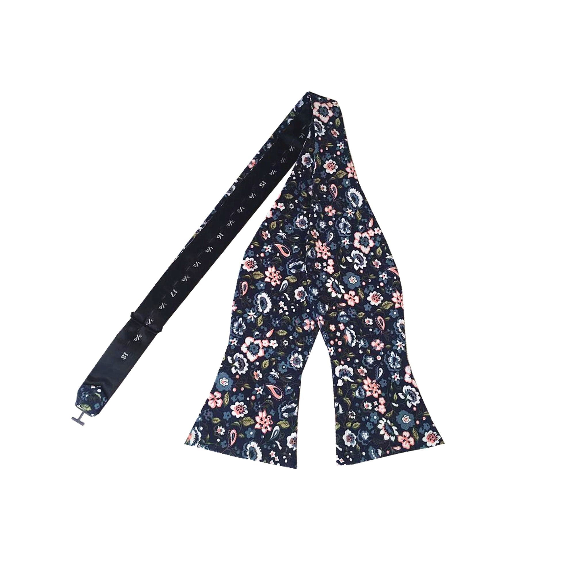 Dark Midnight with White & Pink Floral Self-tied Bow Tie