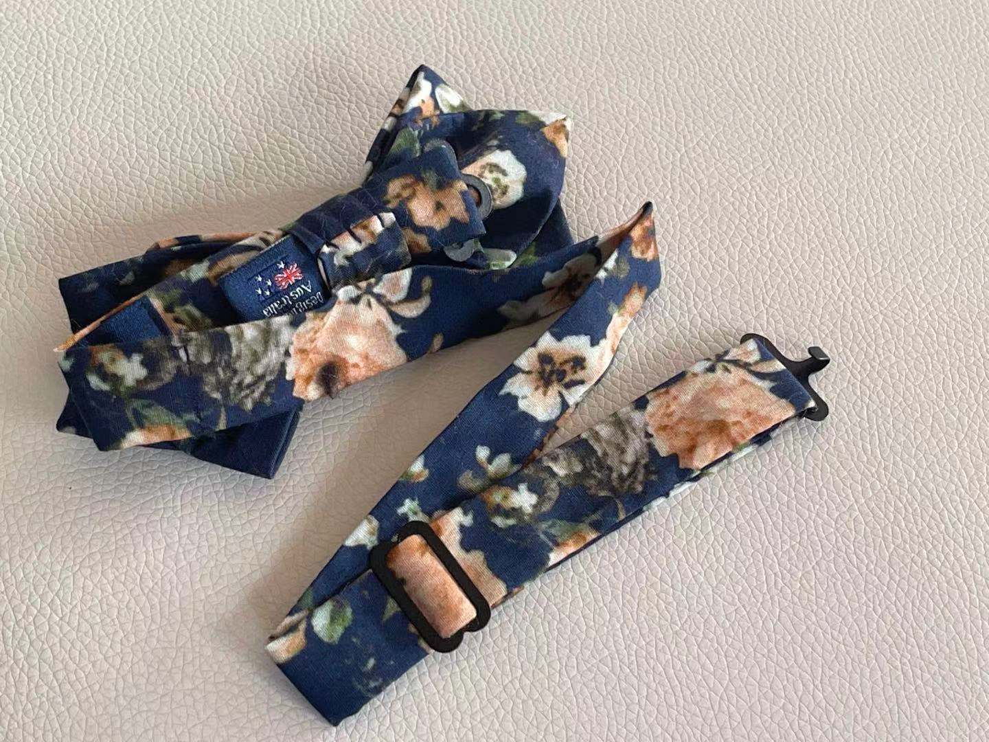 Navy Peach Floral Pre-tied Diamond Bow Tie